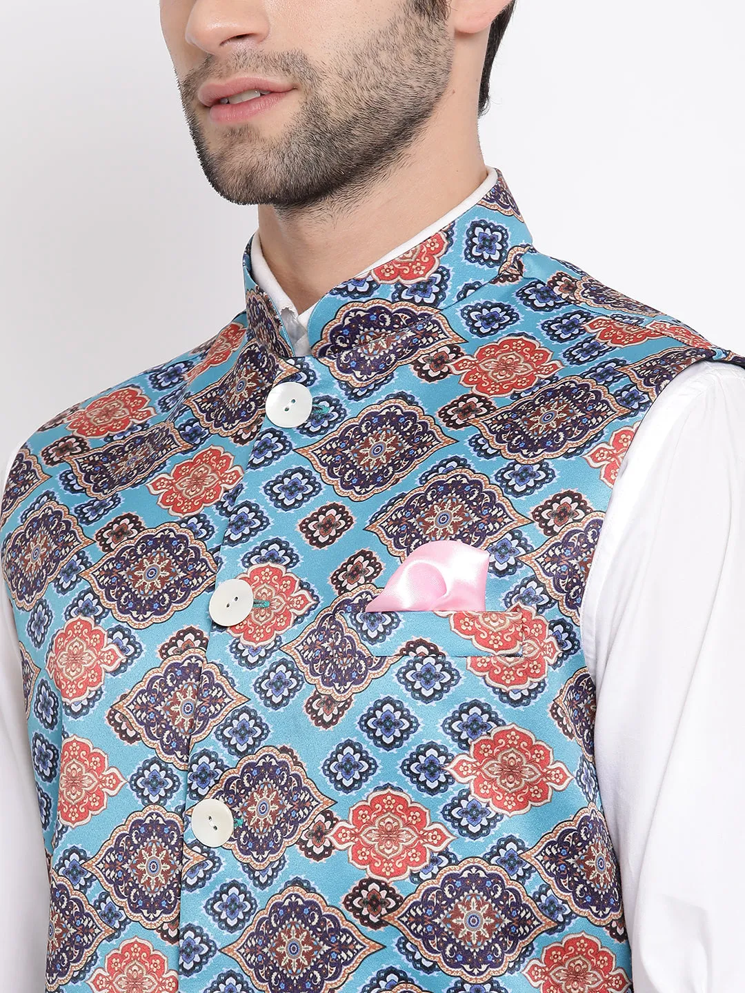 VASTRAMAY Men's Blue Digital Printed Royal Nehru Jacket