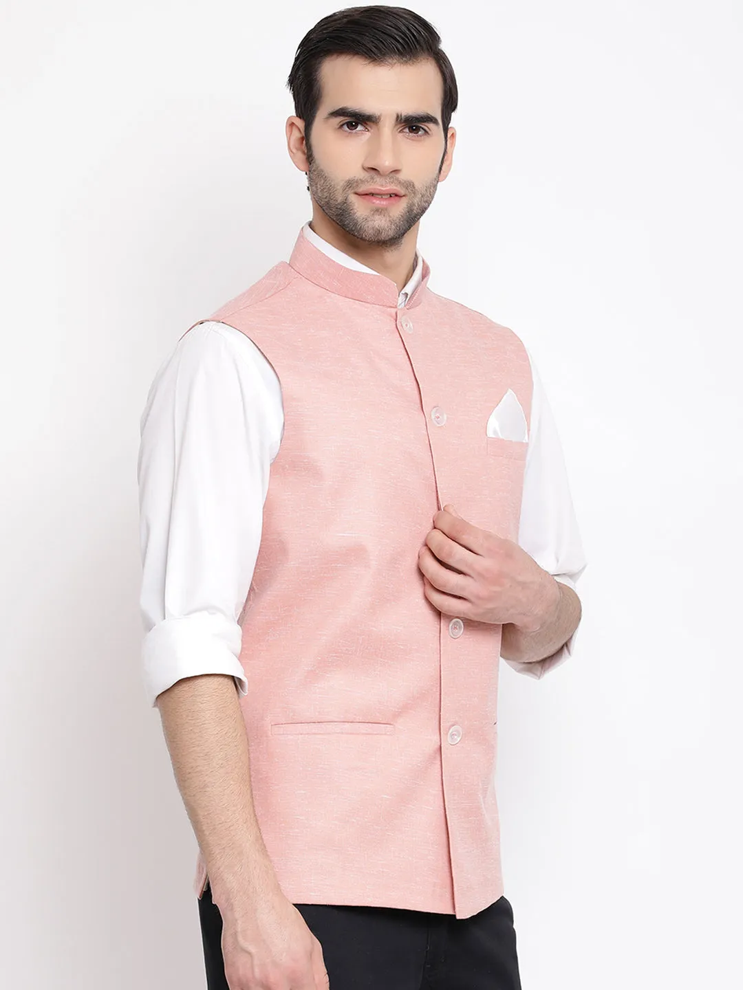 VASTRAMAY Men's Peach Solid Classic Royal Cotton Blend Nehru Jacket