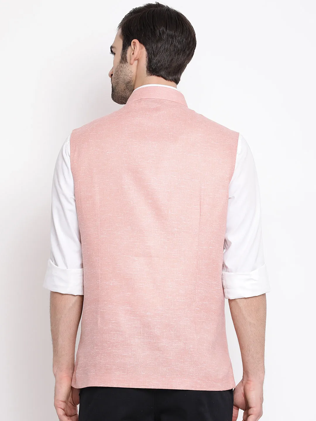 VASTRAMAY Men's Peach Solid Classic Royal Cotton Blend Nehru Jacket