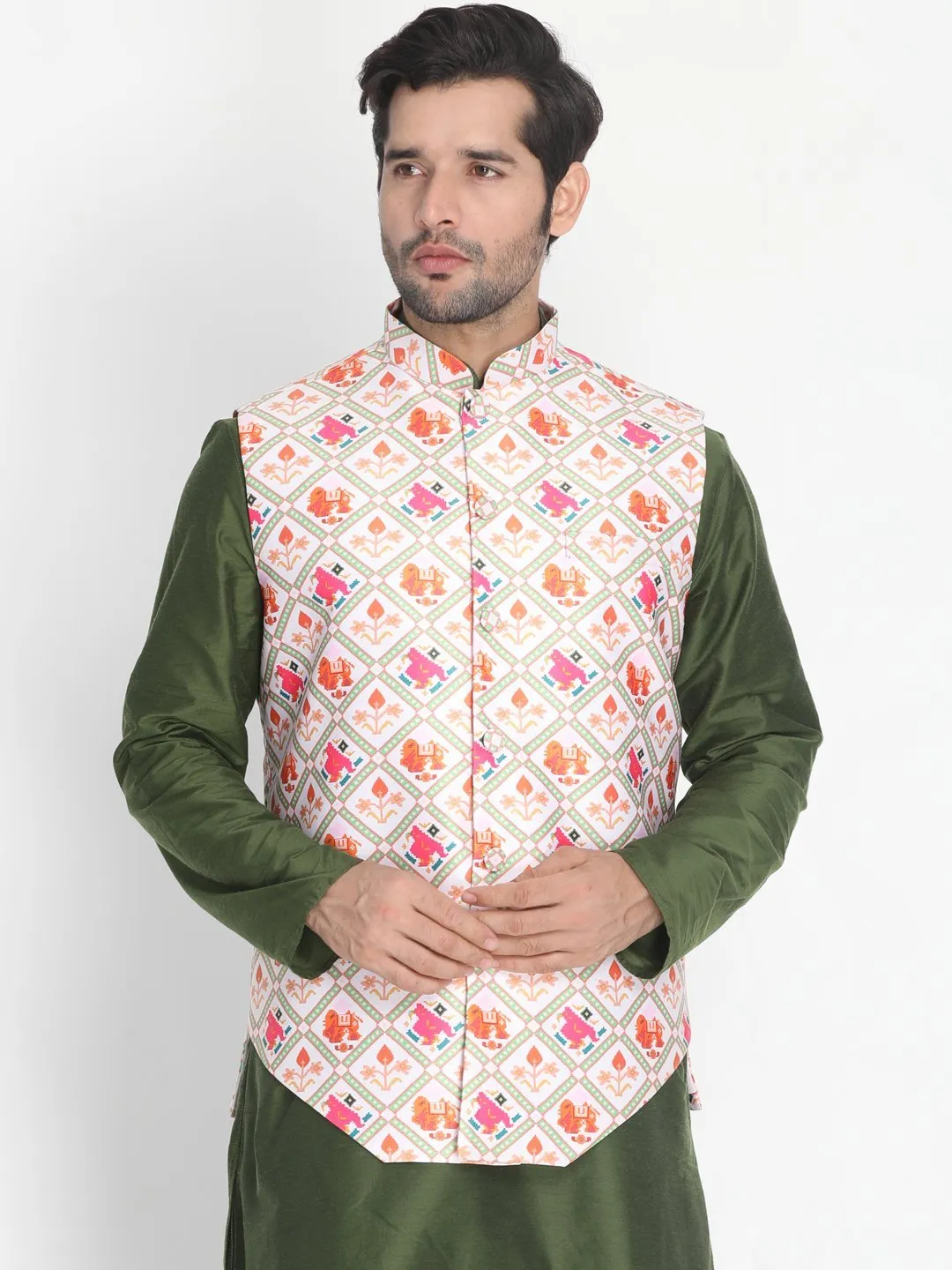 VASTRAMAY Men's Pink Silk Blend Ethnic Jacket