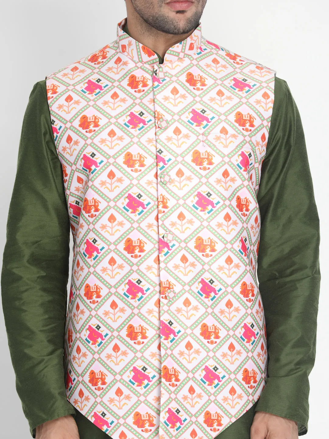 VASTRAMAY Men's Pink Silk Blend Ethnic Jacket