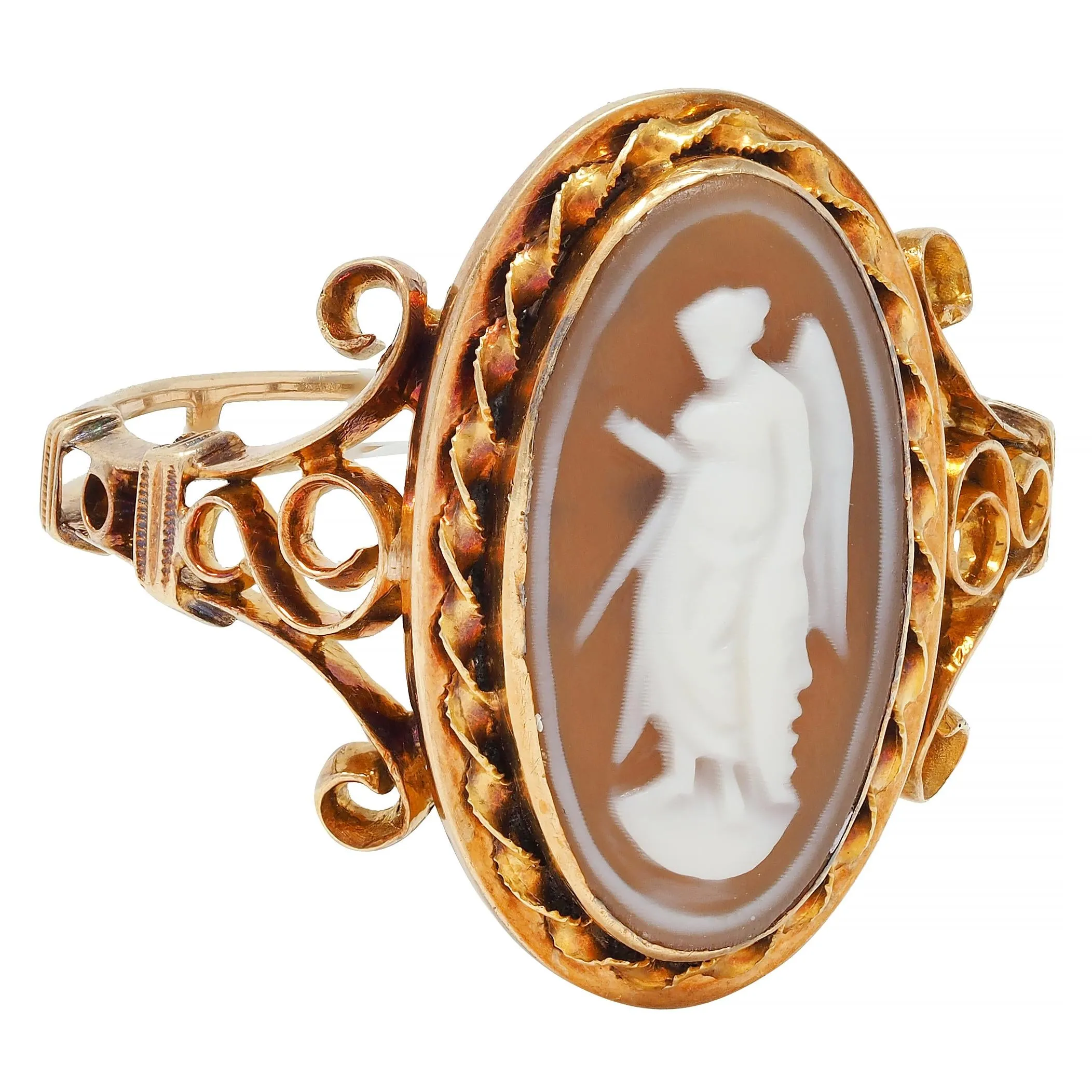 Victorian Carved Agate 14 Karat Yellow Gold Greek Godess Nike Antique Cameo Antique Ring