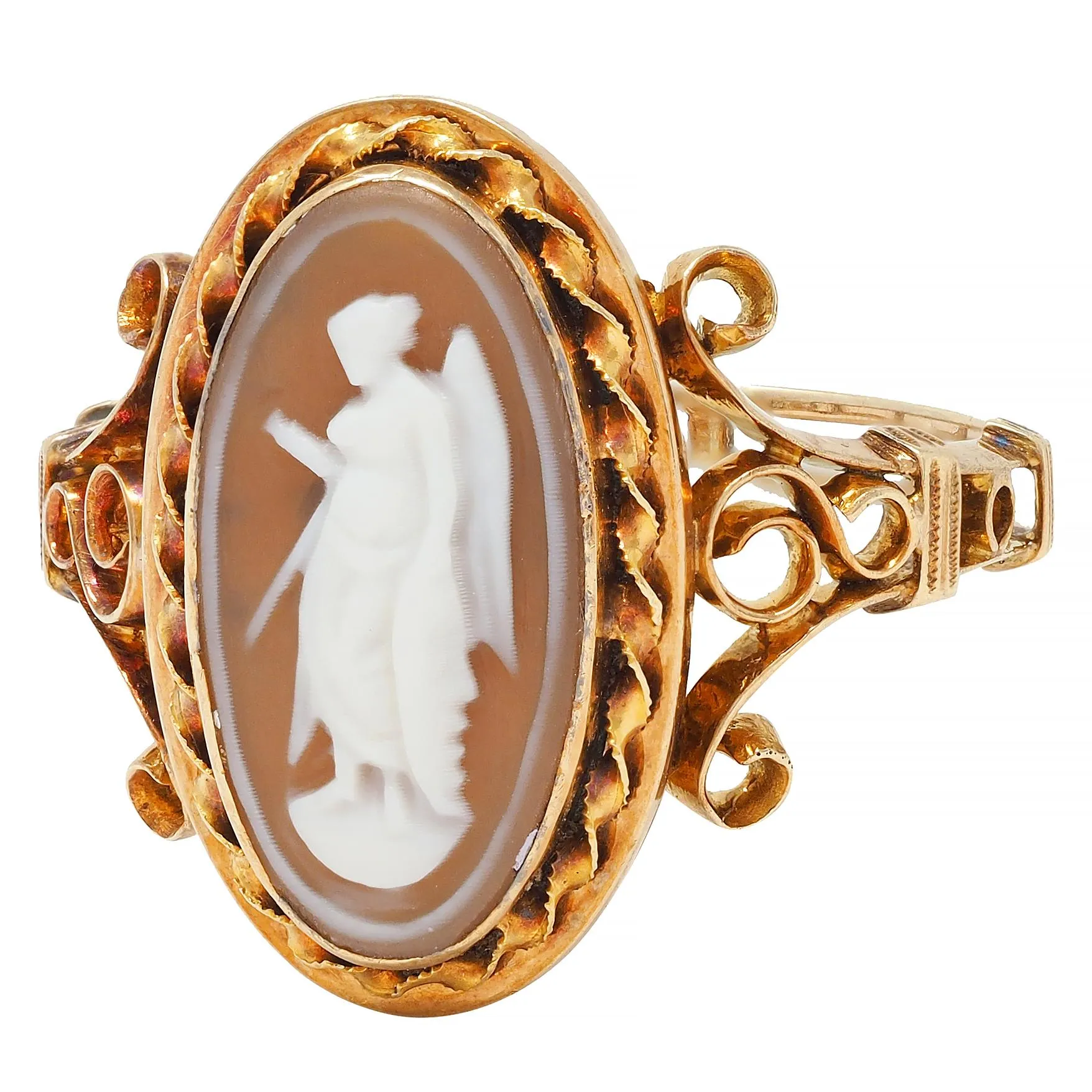 Victorian Carved Agate 14 Karat Yellow Gold Greek Godess Nike Antique Cameo Antique Ring