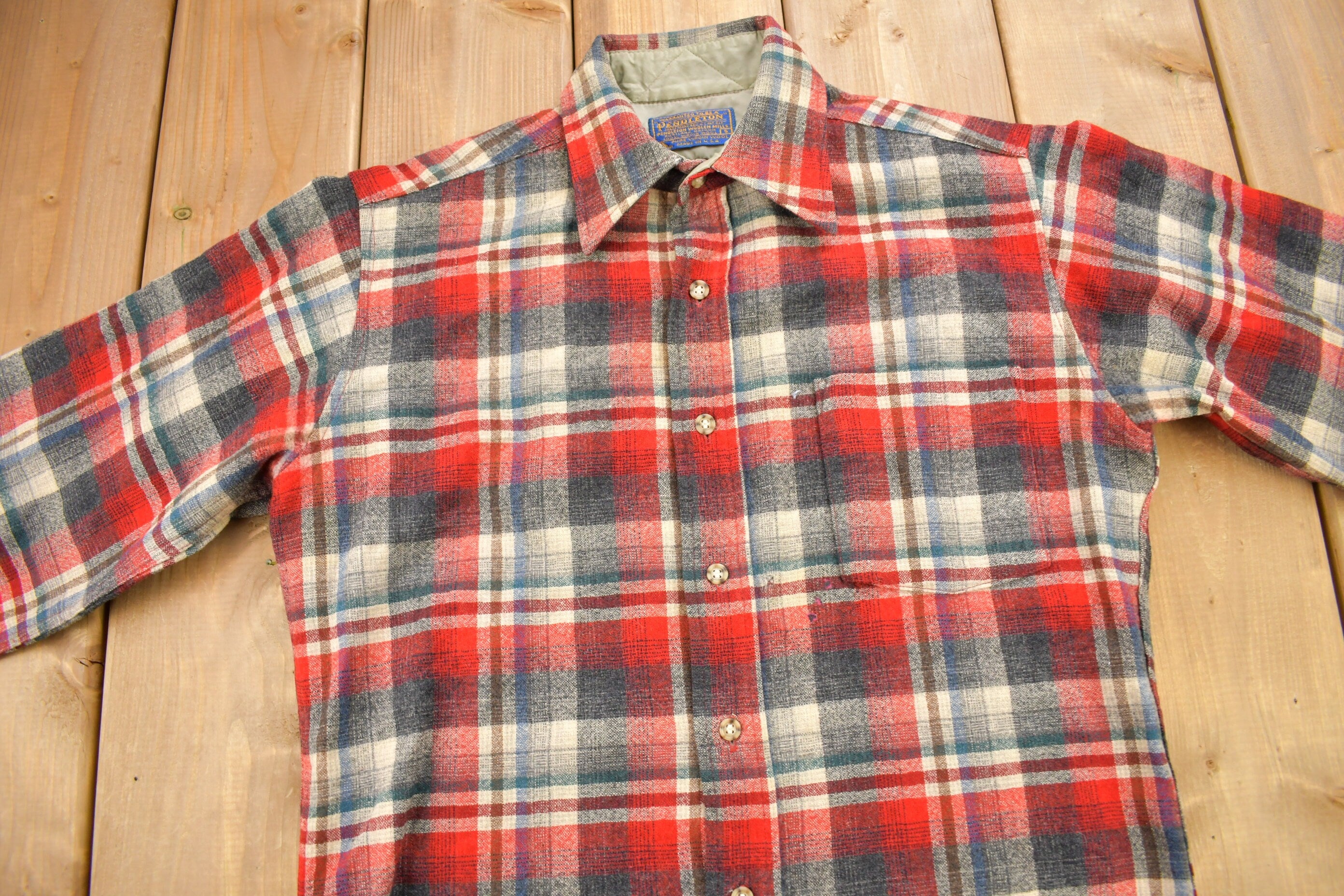 Vintage 1970s Pendleton Shadow Plaid Button Up Board Shirt / 100% Virgin Wool / Casual Wear / Made In USA /