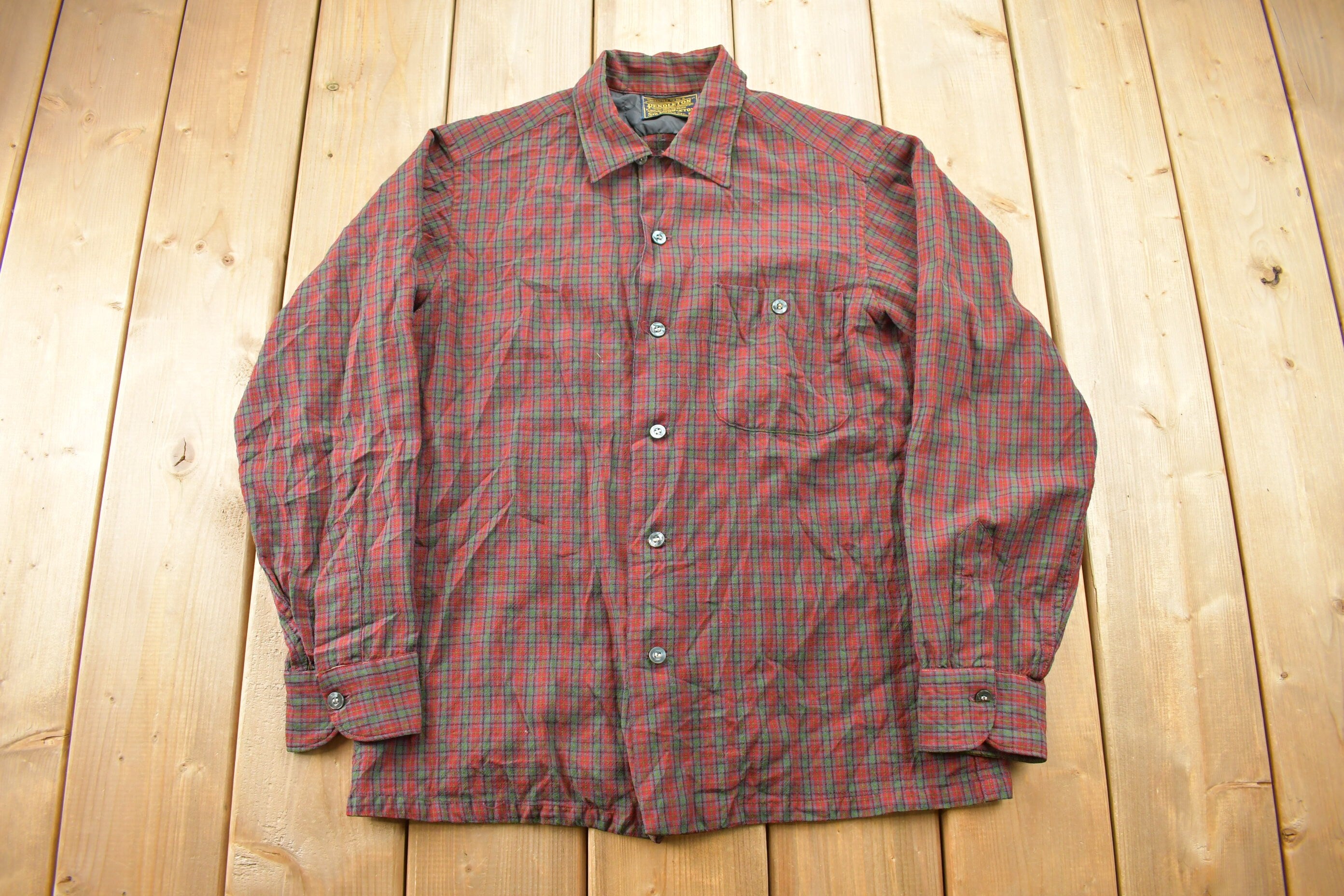 Vintage 1970s Sir Pendleton Plaid Button Up Board Shirt / 100% Virgin Wool / Loop Button / Outdoor / Made In USA / Flannel