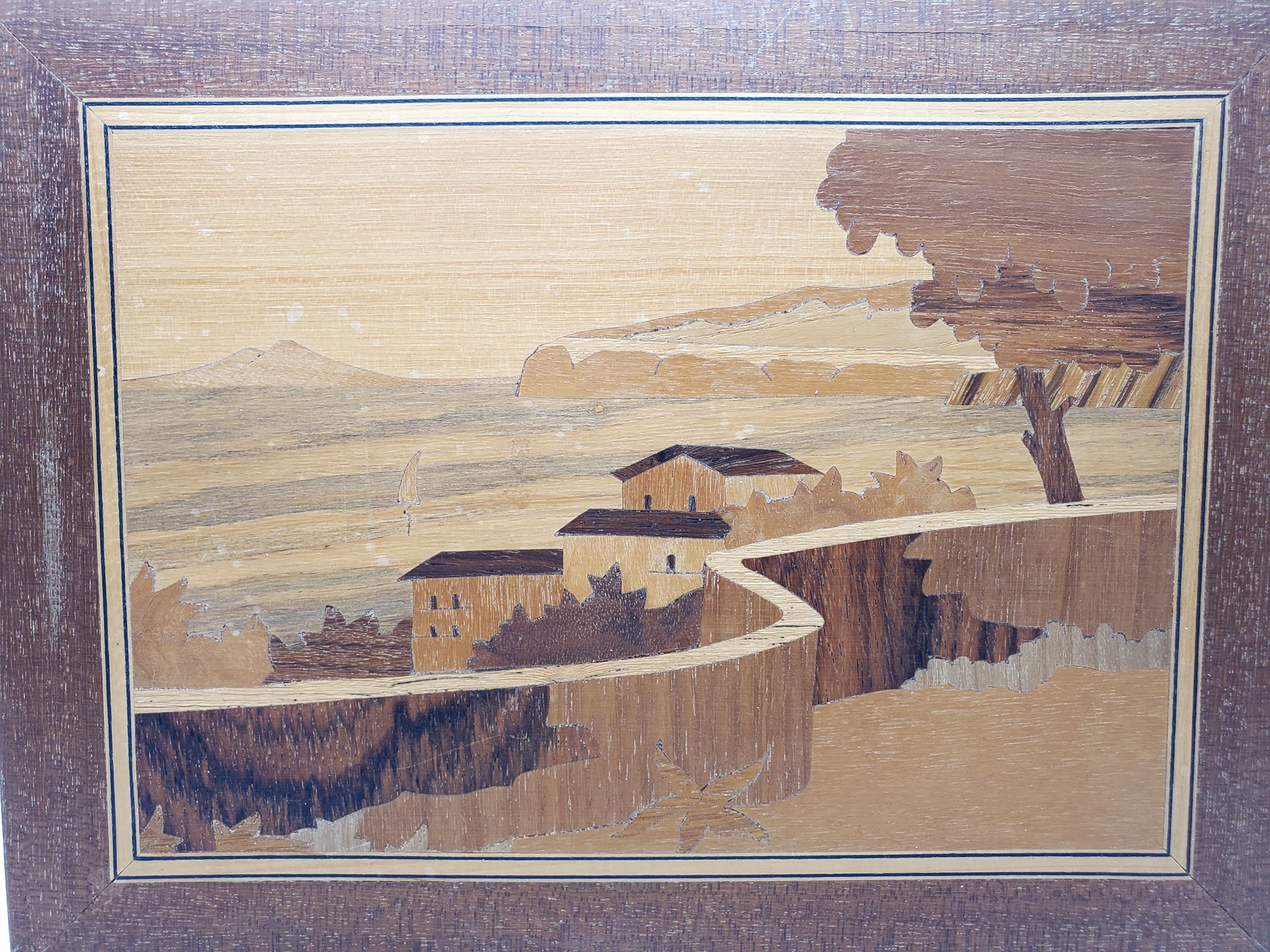 Vintage Handmade Marquetry Wall Art of Mediterranean Landscape