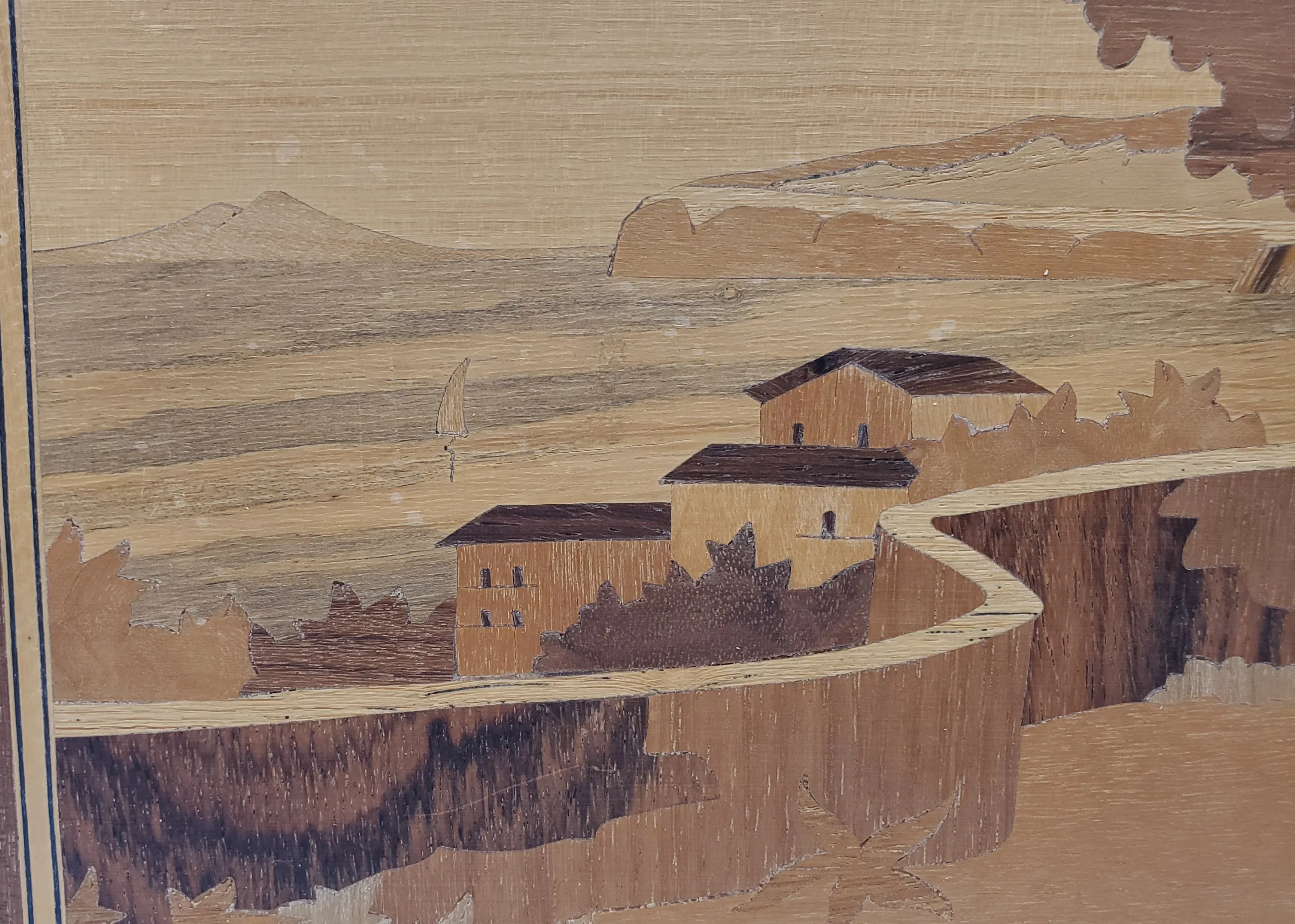 Vintage Handmade Marquetry Wall Art of Mediterranean Landscape