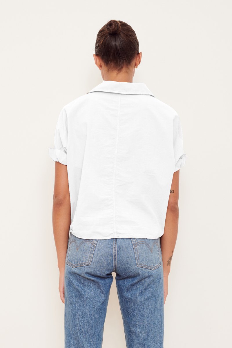 Voile Short Sleeve Front Twist Button Up Shirt in White