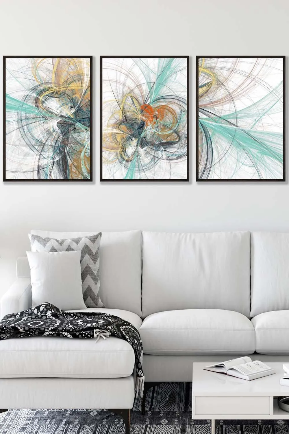 Wall Art & Pictures | Set of 3 Black Framed Abstract Aqua Grey Mixed Media Fractal Wall Art | ARTZE