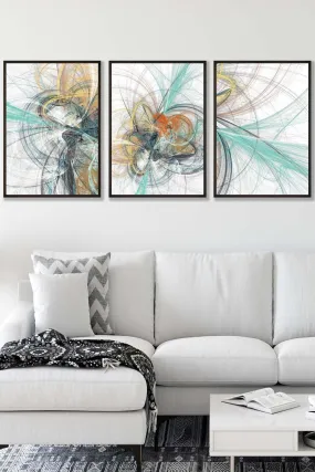 Wall Art & Pictures | Set of 3 Black Framed Abstract Aqua Grey Mixed Media Fractal Wall Art | ARTZE