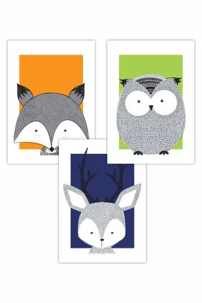 Wall Art & Pictures | Set of 3 Nursery Scandi Sketch Forest Animals  in Navy Orange Green Art Posters | ARTZE