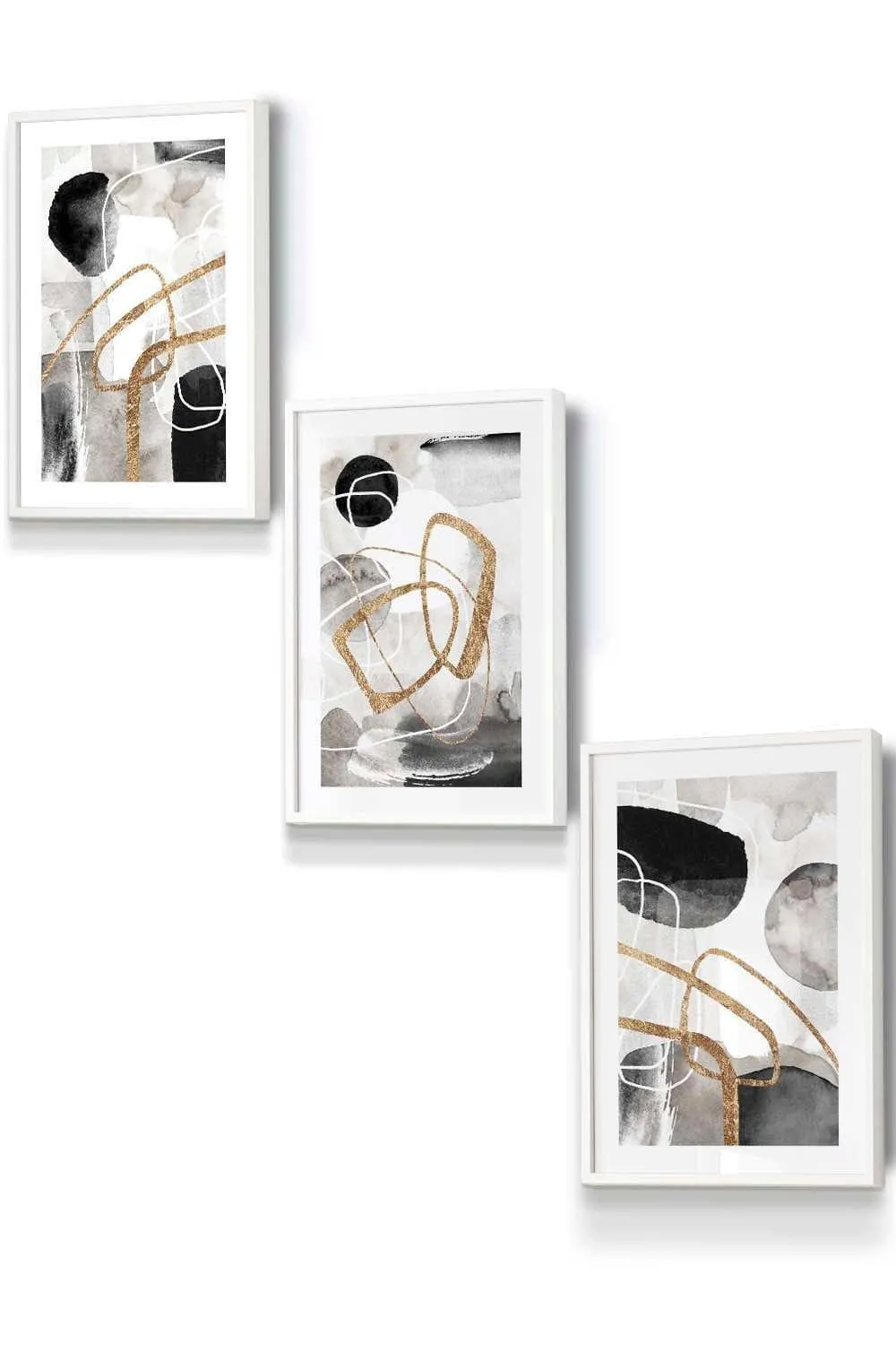 Wall Art & Pictures | Set of 3 White Framed Abstract Black Grey & Gold Watercolour Shapes Wall Art | ARTZE