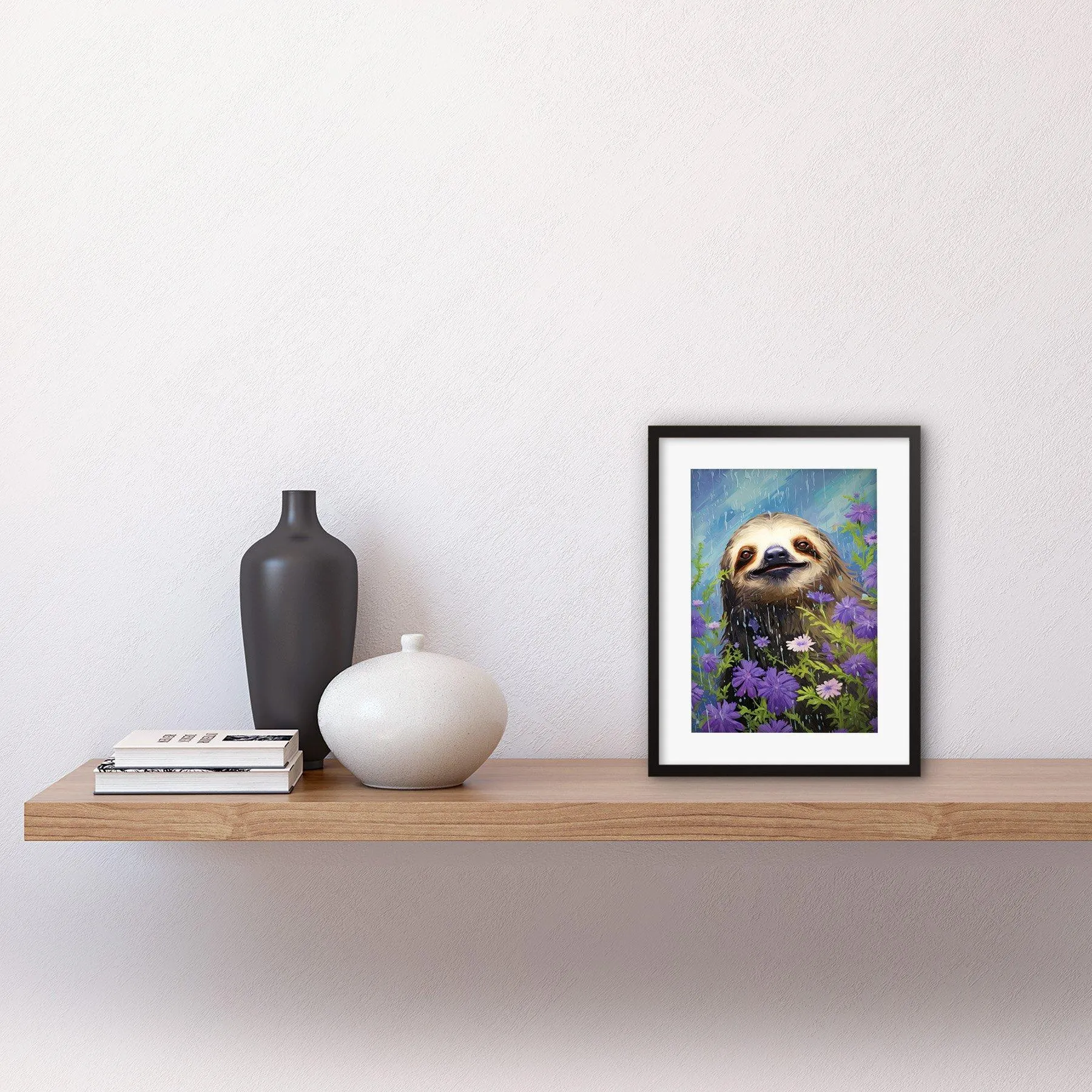 Wall Art & Pictures | Wall Art Print Carefree Sloth in a Field of Lavender Daisies Oil Painting Enjoying the Spring Rain Kid