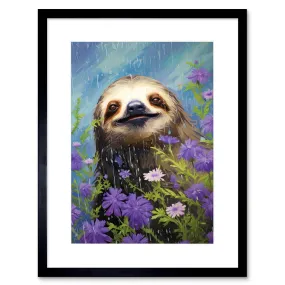 Wall Art & Pictures | Wall Art Print Carefree Sloth in a Field of Lavender Daisies Oil Painting Enjoying the Spring Rain Kid