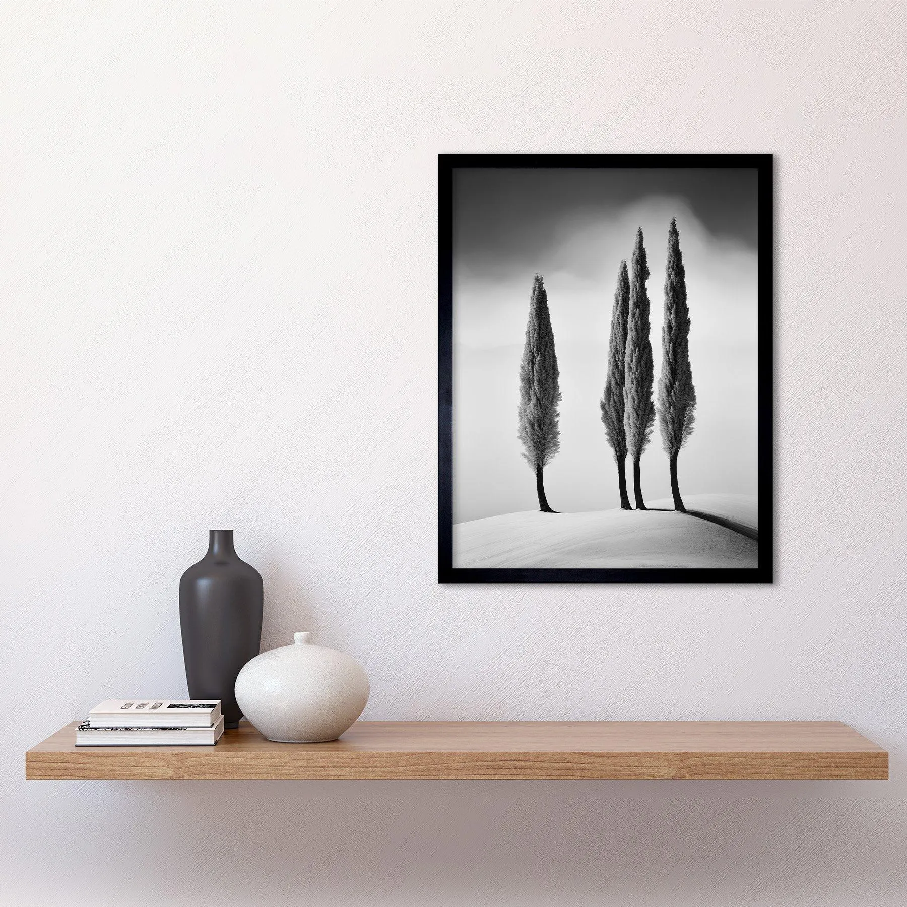 Wall Art & Pictures | Wall Art Print Group of Cypress Trees on Snowy Hill Minimalist Black and White Photograph Cypresses in