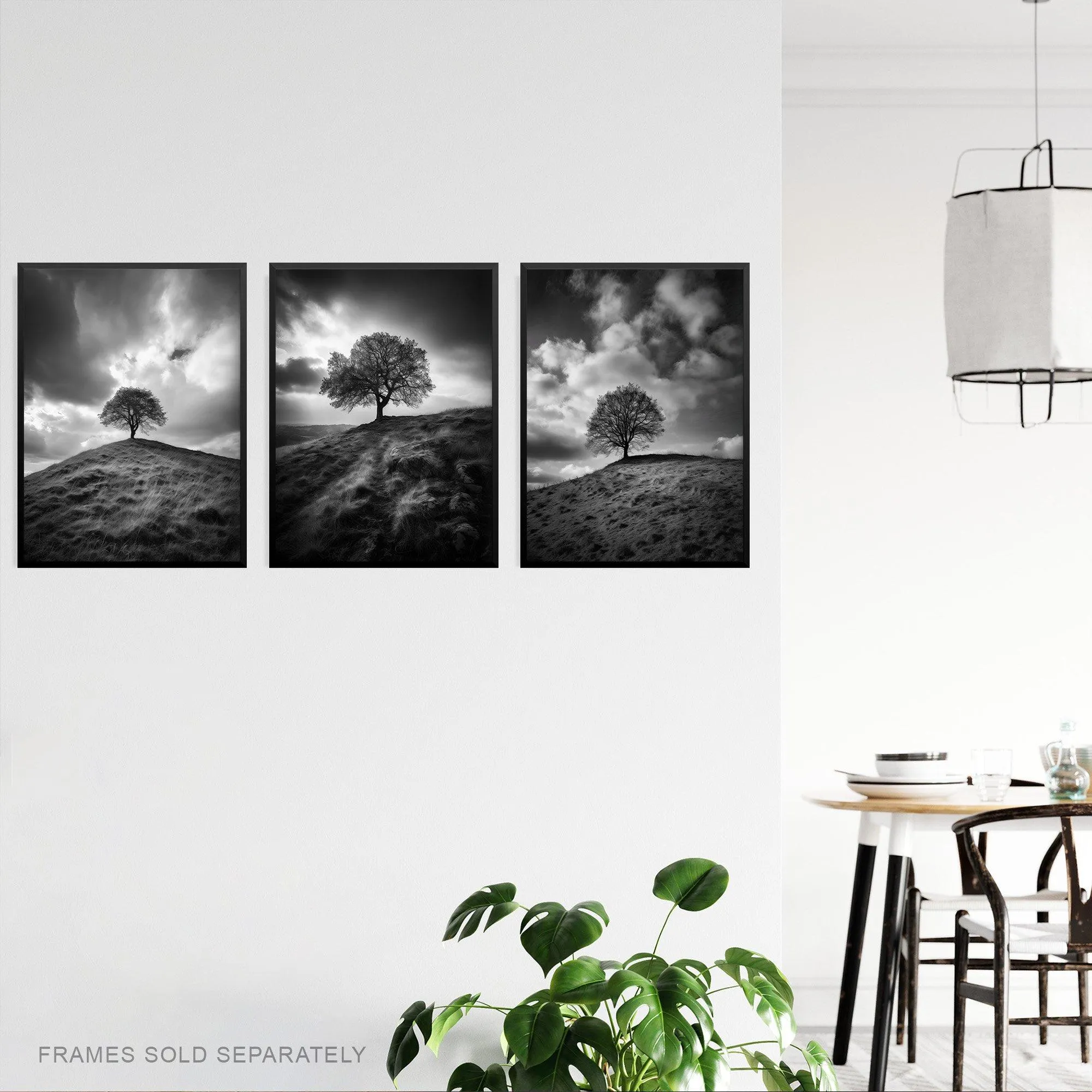 Wall Art & Pictures | Wall Art Print Set of 3 Lone Tree on a Hill Black and White Photographs Countryside Field Landscape Li