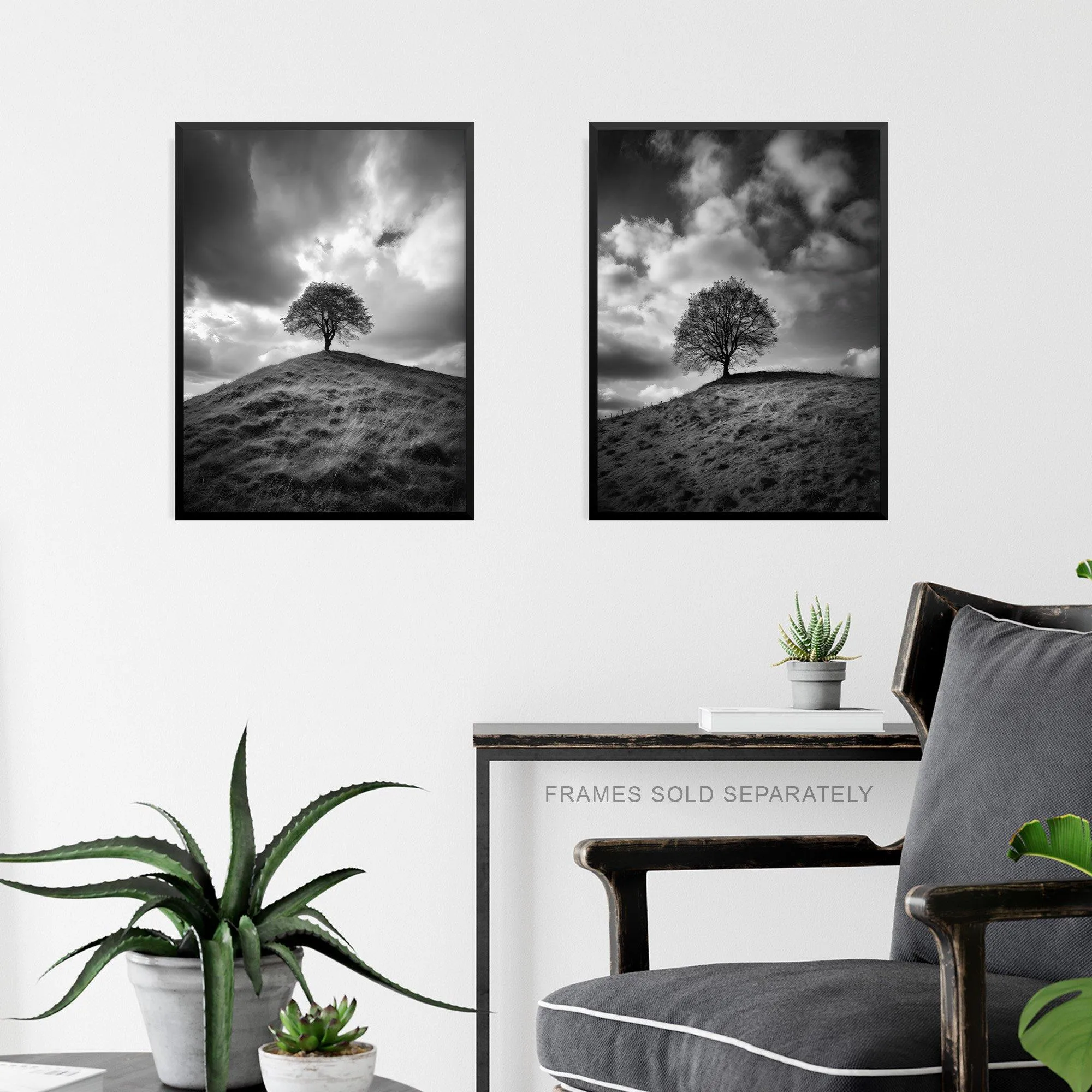 Wall Art & Pictures | Wall Art Print Set of 3 Lone Tree on a Hill Black and White Photographs Countryside Field Landscape Li