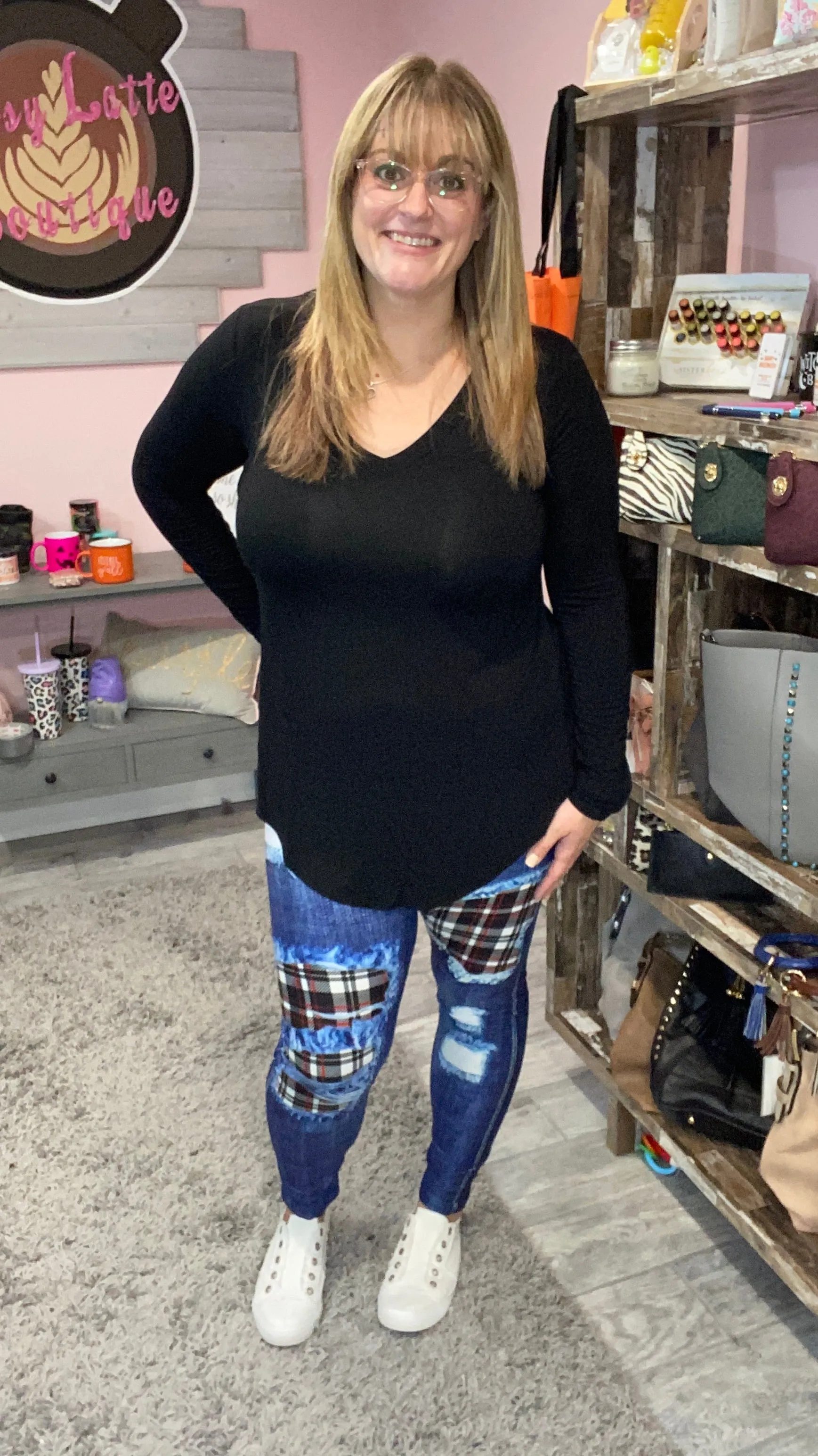 White & Black Patched Plaid Leggings