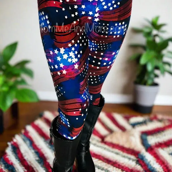 Womens American Flag Leggings, Patriotic 4th of July Pants, Sizes 12-20, Yoga Waist, Red/White/Blue