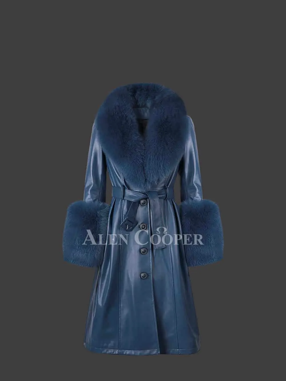 Womens Leather Overcoat with Clip out Fur Collar and Cuffs