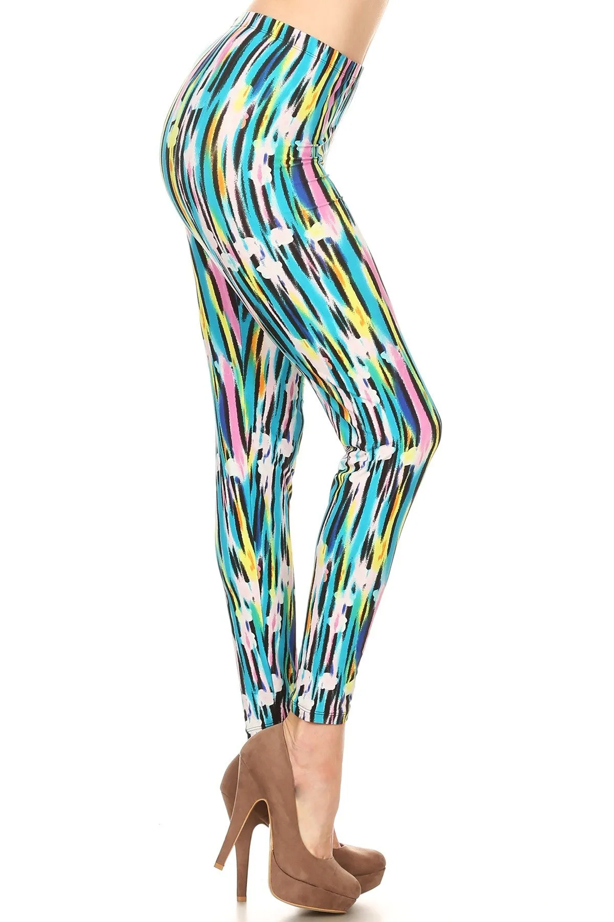 Women's Regular Abstract Paint Lines Pattern Printed Leggings - Blue Yellow