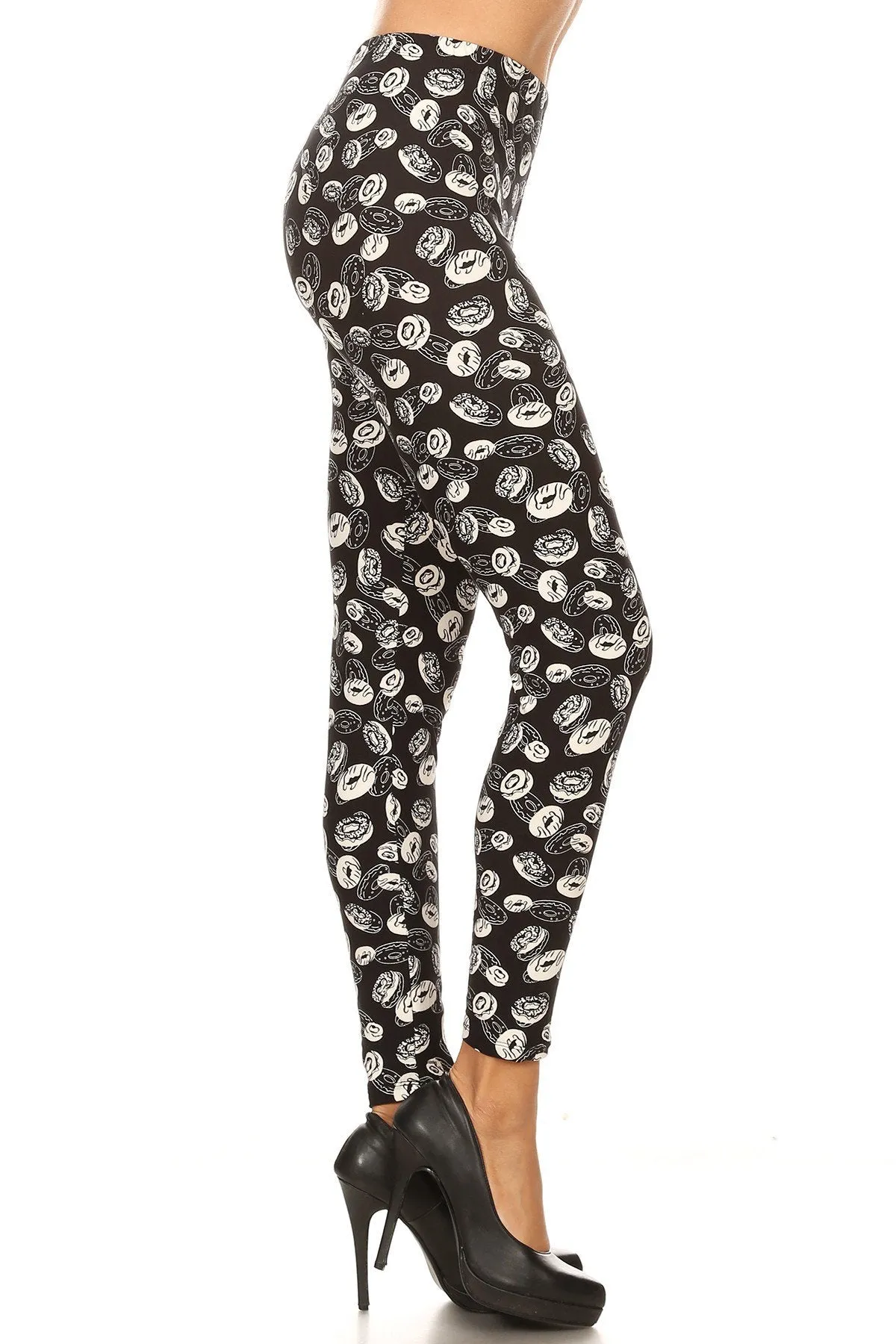 Women's Regular B&W Donuts Food Pattern Printed Leggings