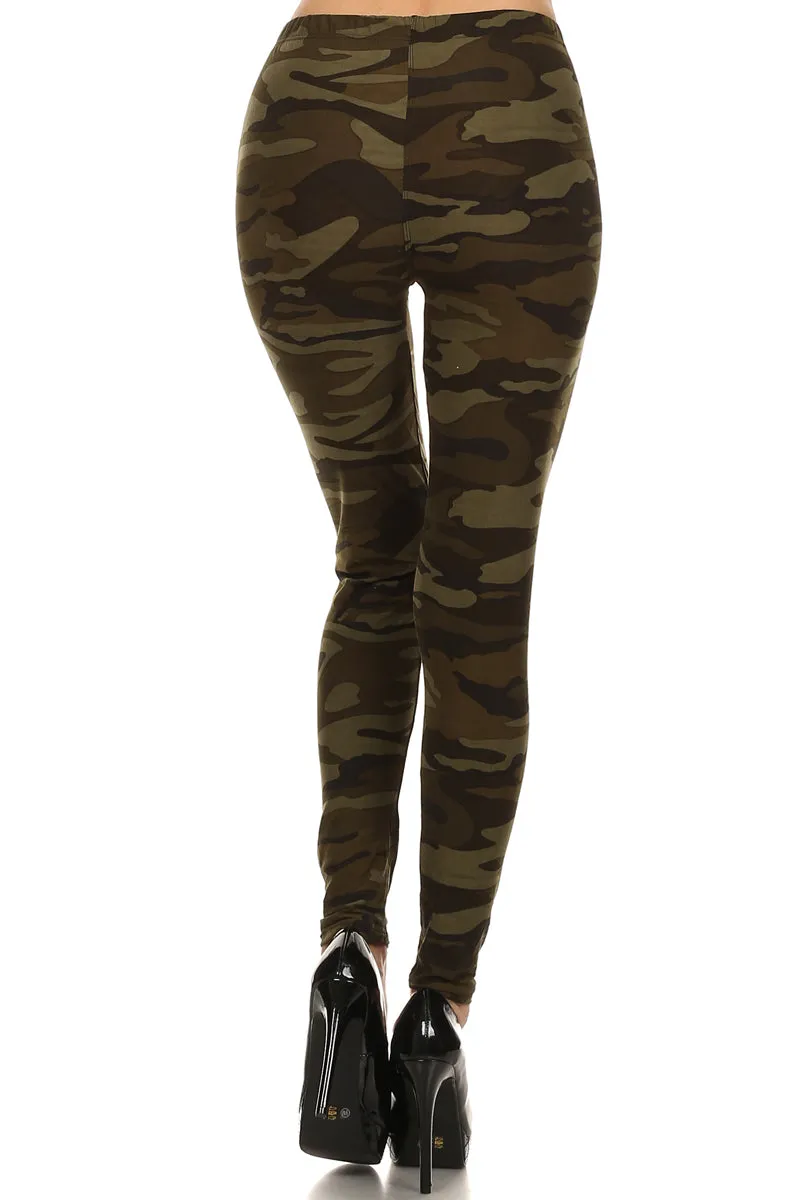 Women's Regular Dark Camouflage Pattern Printed Leggings - Olive Green