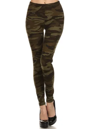 Women's Regular Dark Camouflage Pattern Printed Leggings - Olive Green