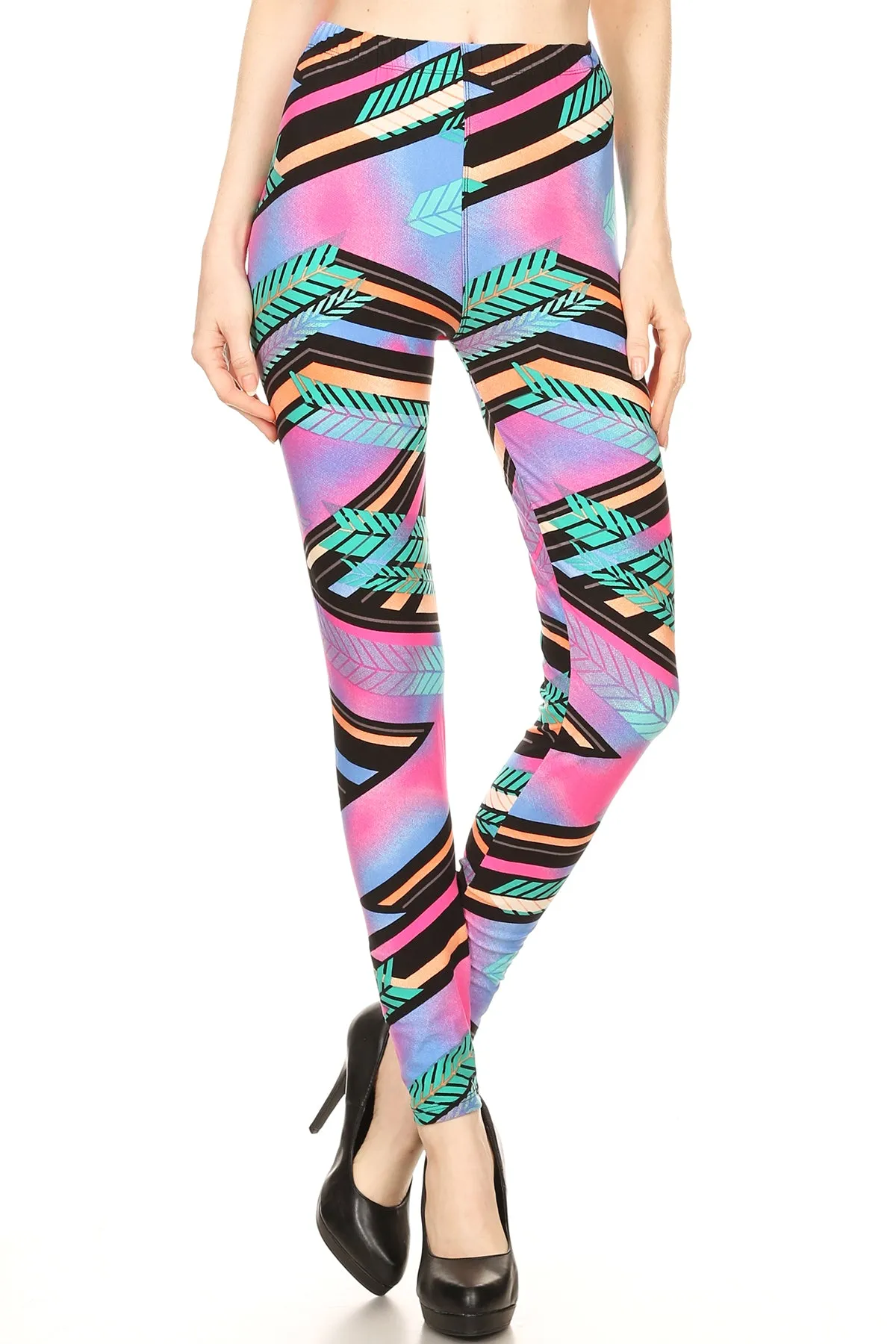 Women's Regular Feather Stripe Pattern Printed Leggings - Pink Blue