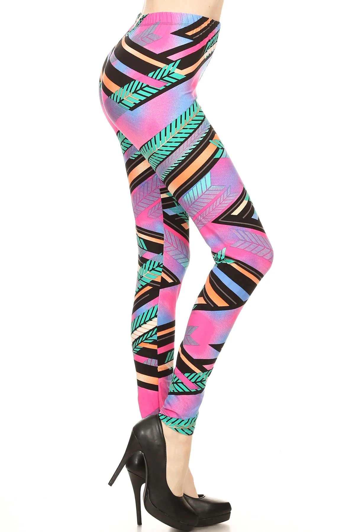 Women's Regular Feather Stripe Pattern Printed Leggings - Pink Blue