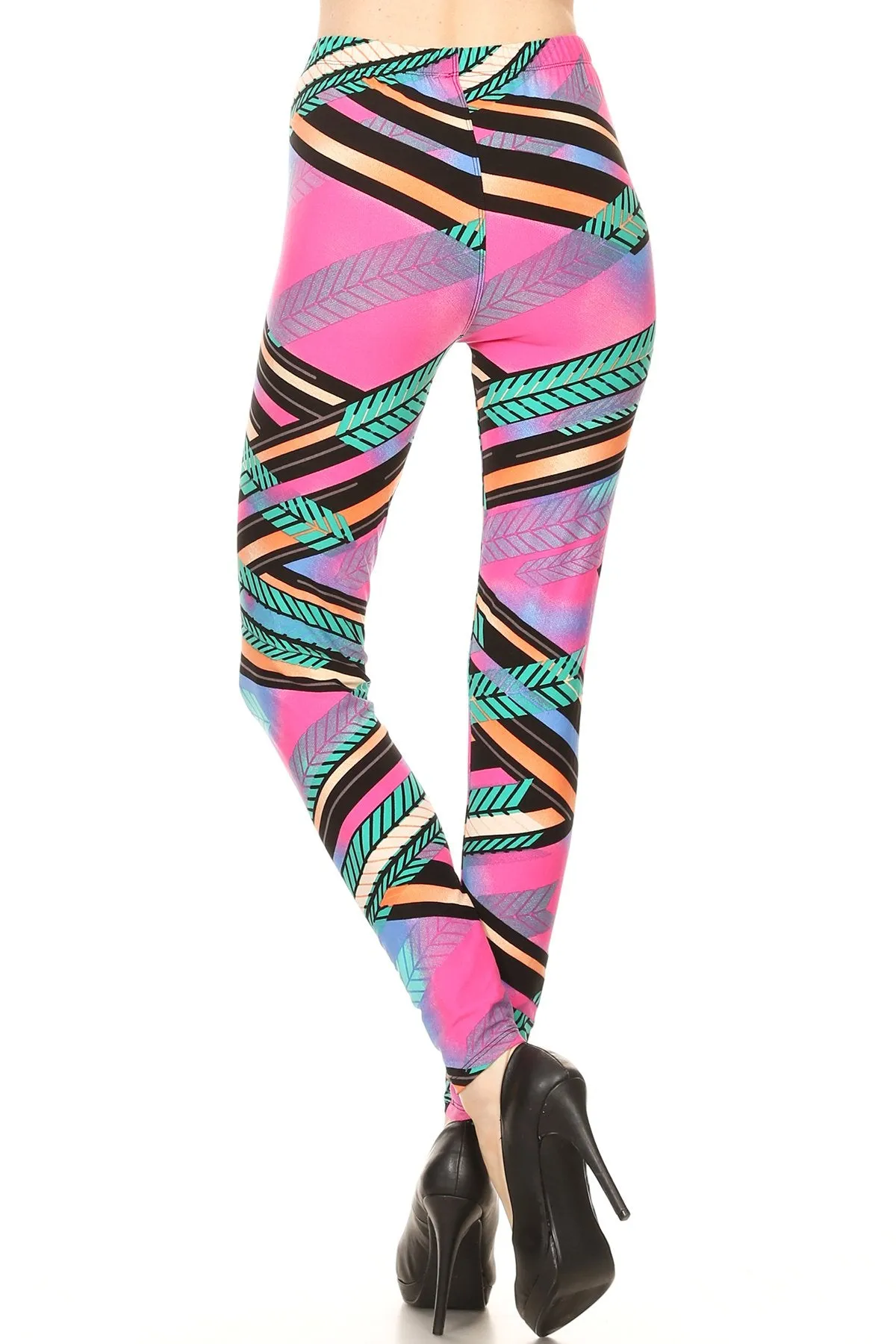 Women's Regular Feather Stripe Pattern Printed Leggings - Pink Blue