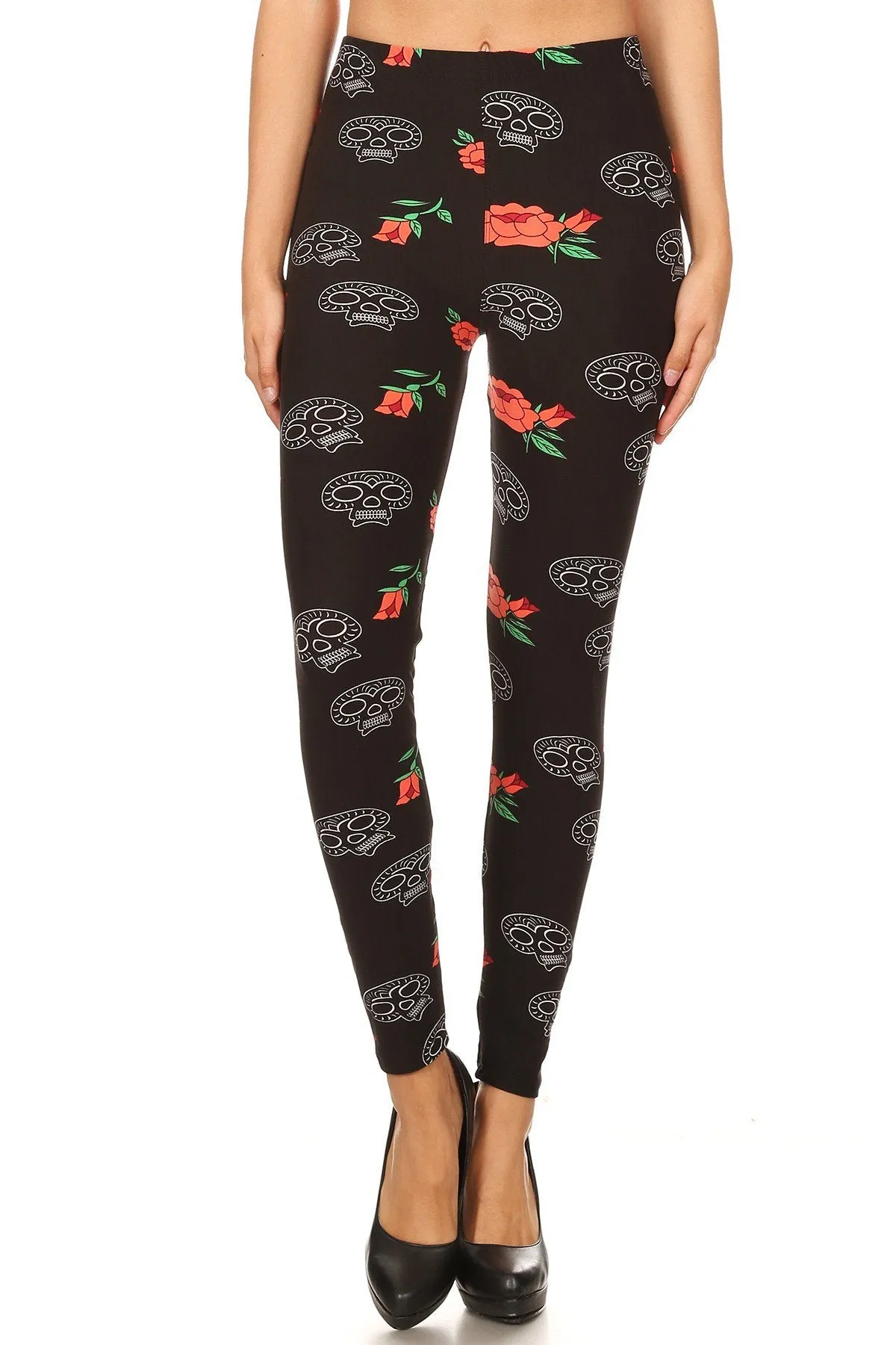 Women's Regular Skull Red Rose Pattern Printed Leggings