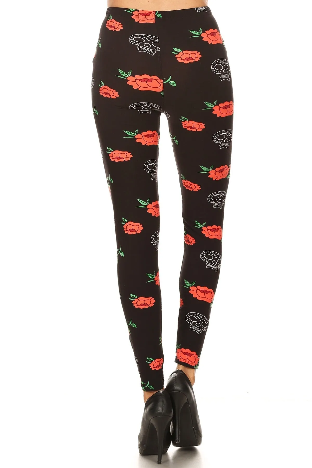 Women's Regular Skull Red Rose Pattern Printed Leggings