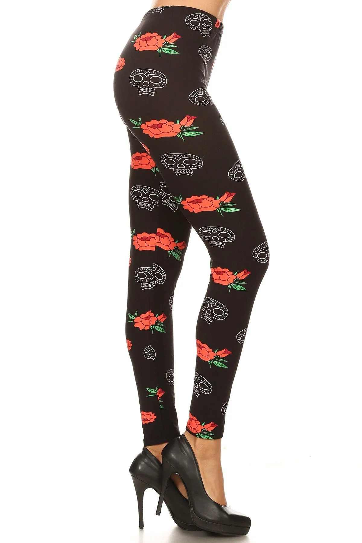 Women's Regular Skull Red Rose Pattern Printed Leggings