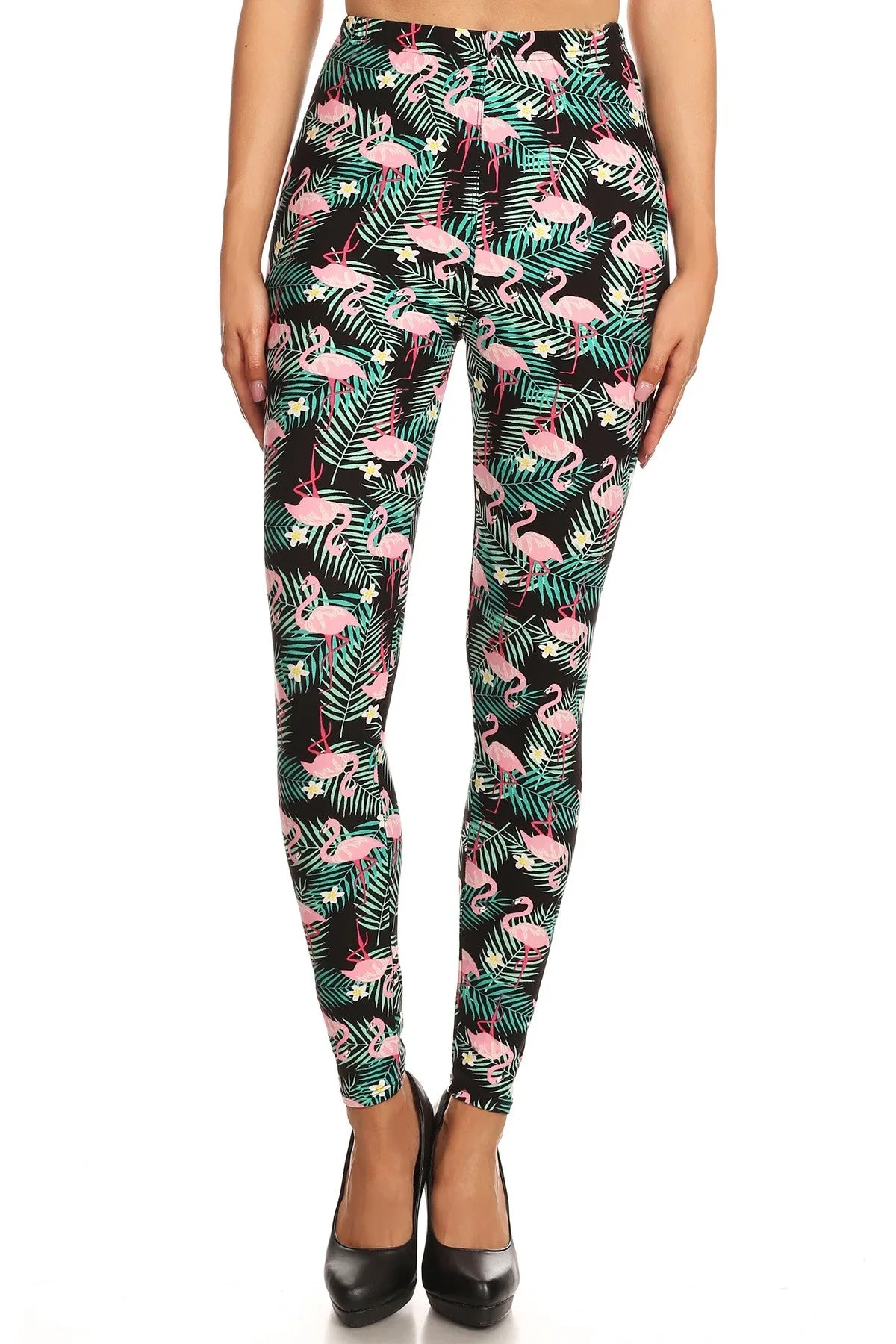 Women's Regular Tropical Plant Flamingo Pattern Printed Leggings