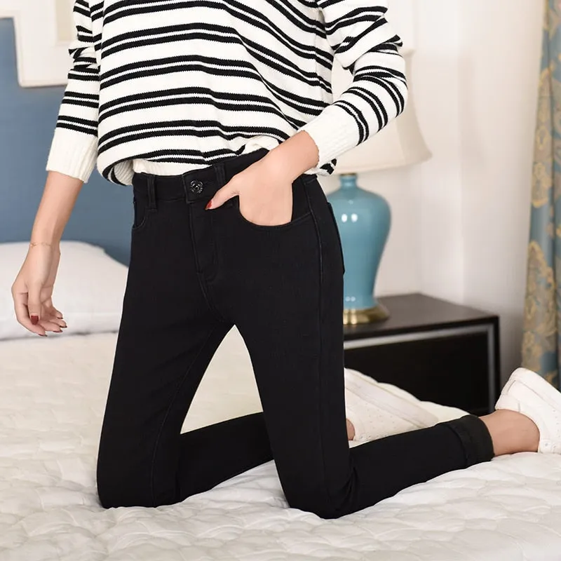 Women's Winter Warm Polyester Casual High Waist Skinny Trousers