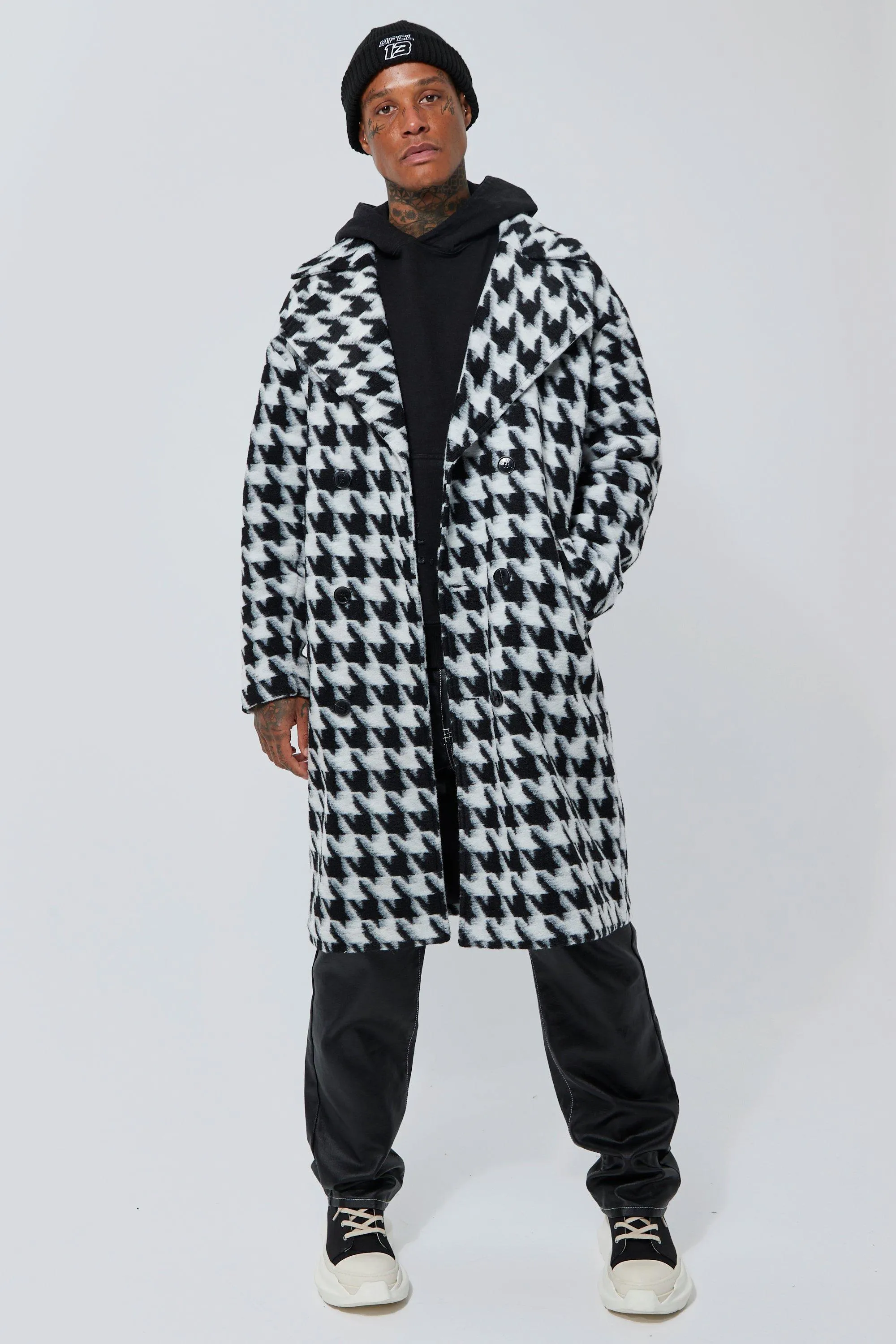 Wool Look Dogtooth Double Breasted Overcoat | boohooMAN UK