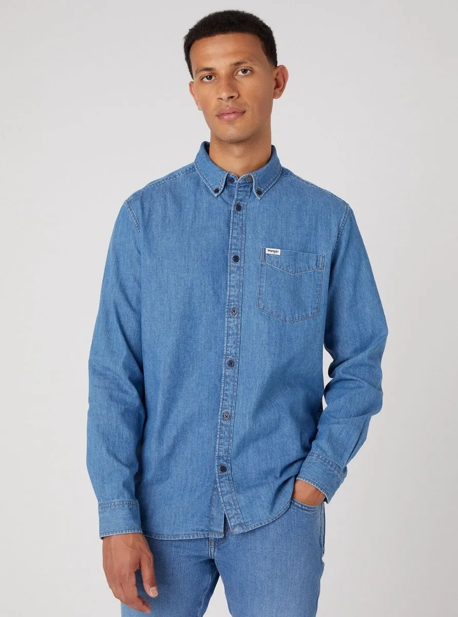 Wrangler One Pocket Button Down Denim Shirt Mid Stone