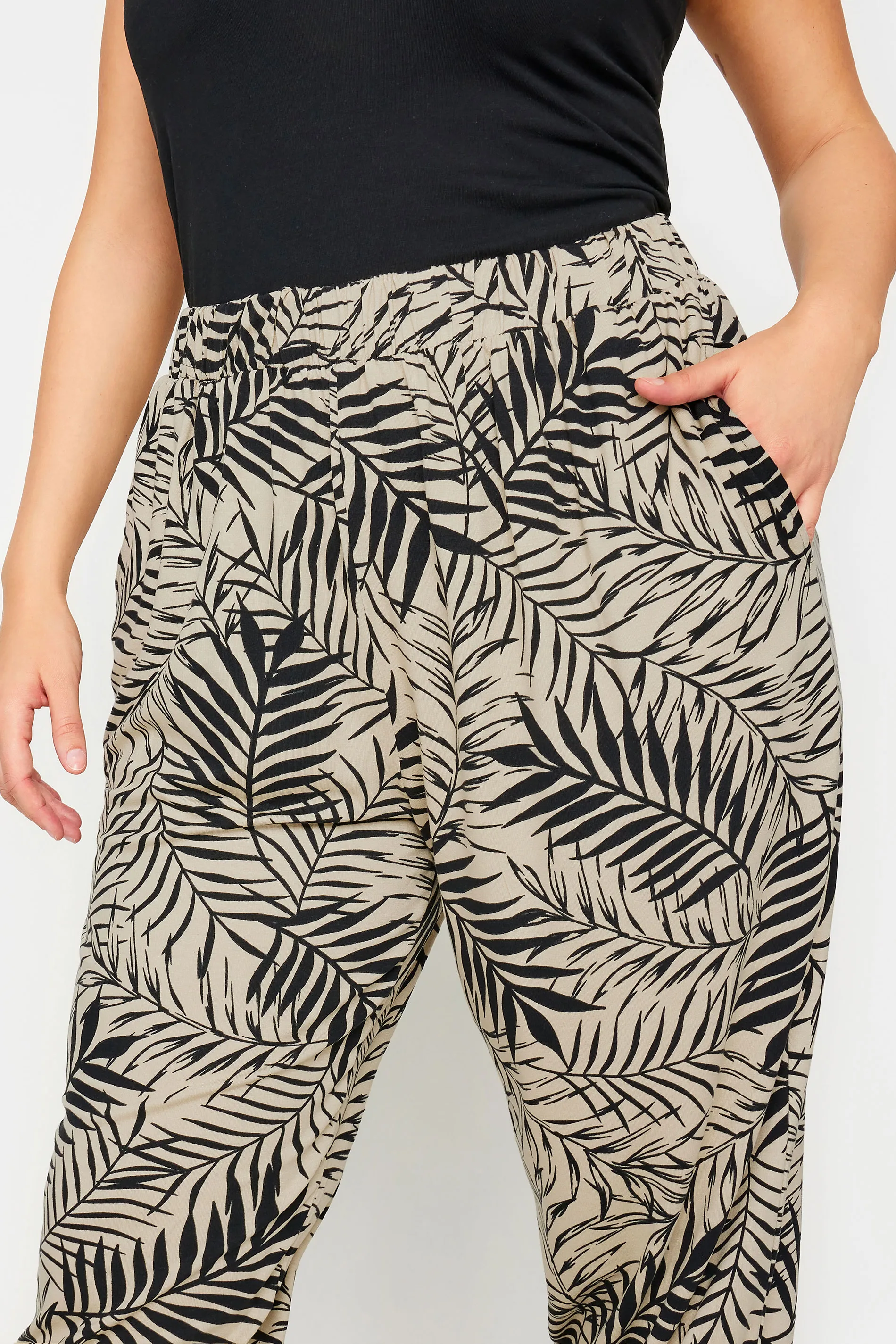 YOURS Curve Beige Brown Leaf Print Cropped Harem Trousers