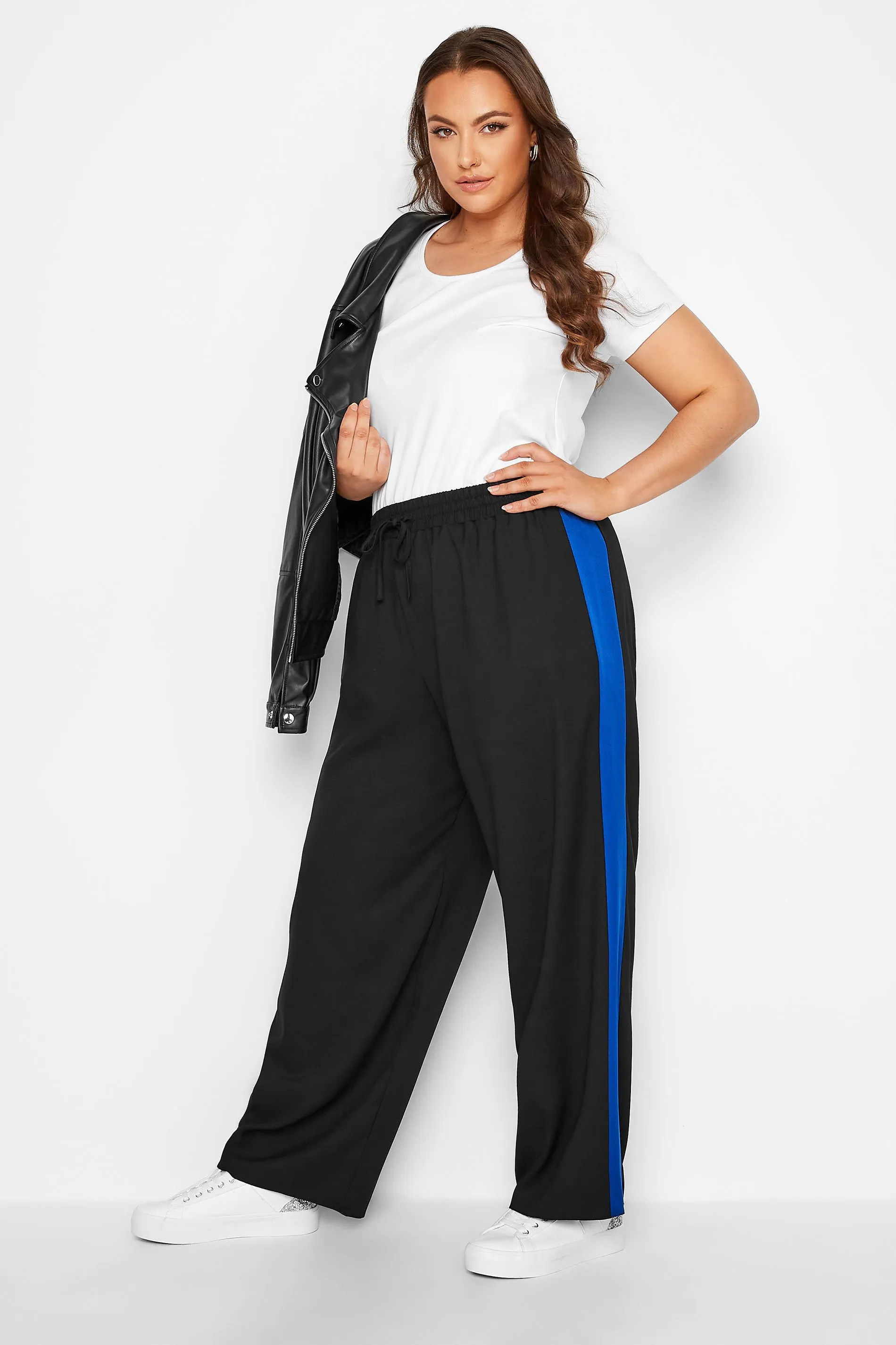 YOURS Curve Black & Blue Contrast Stripe Wide Leg Trousers