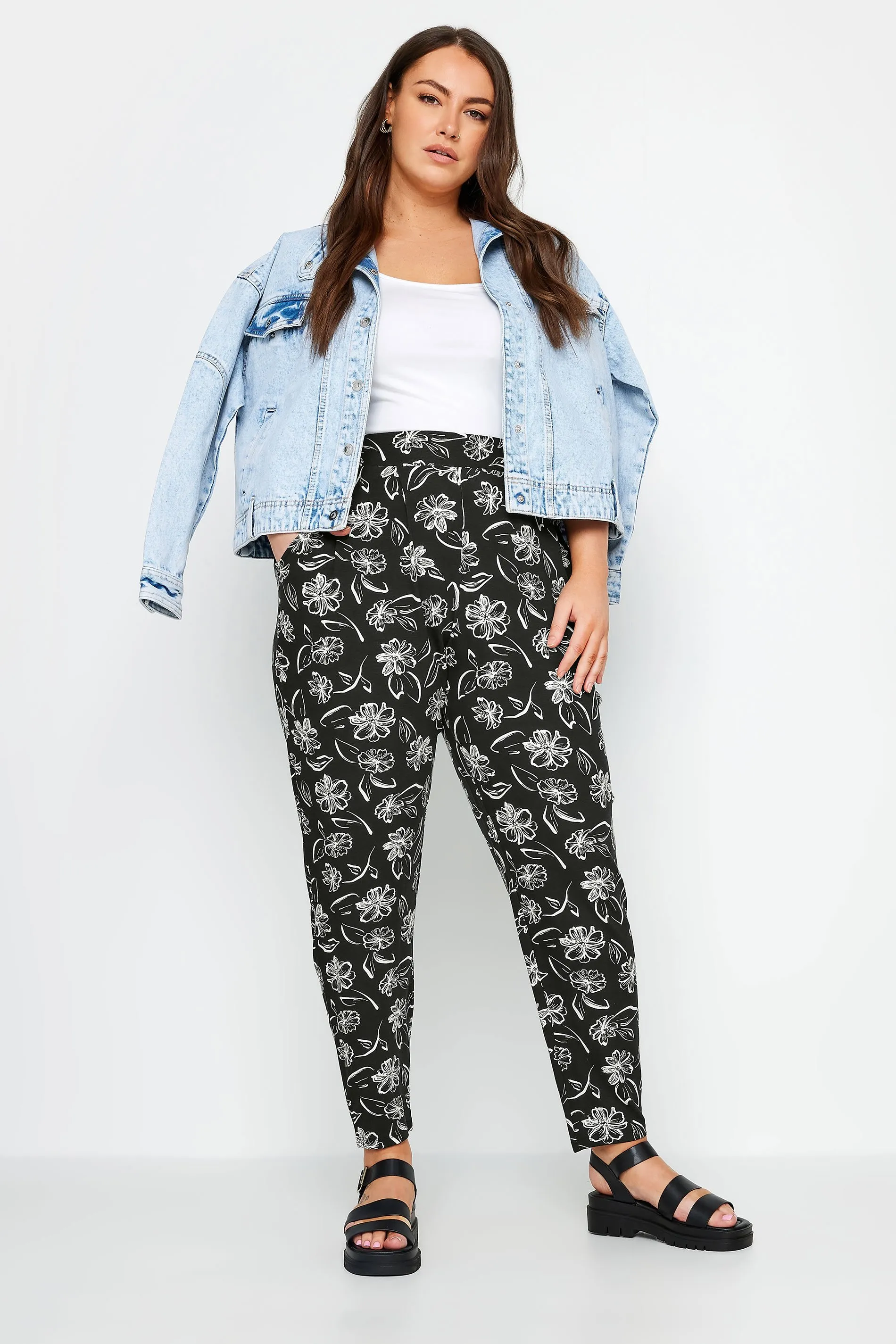 YOURS Curve Black Floral Print Double Pleat Harem Trousers