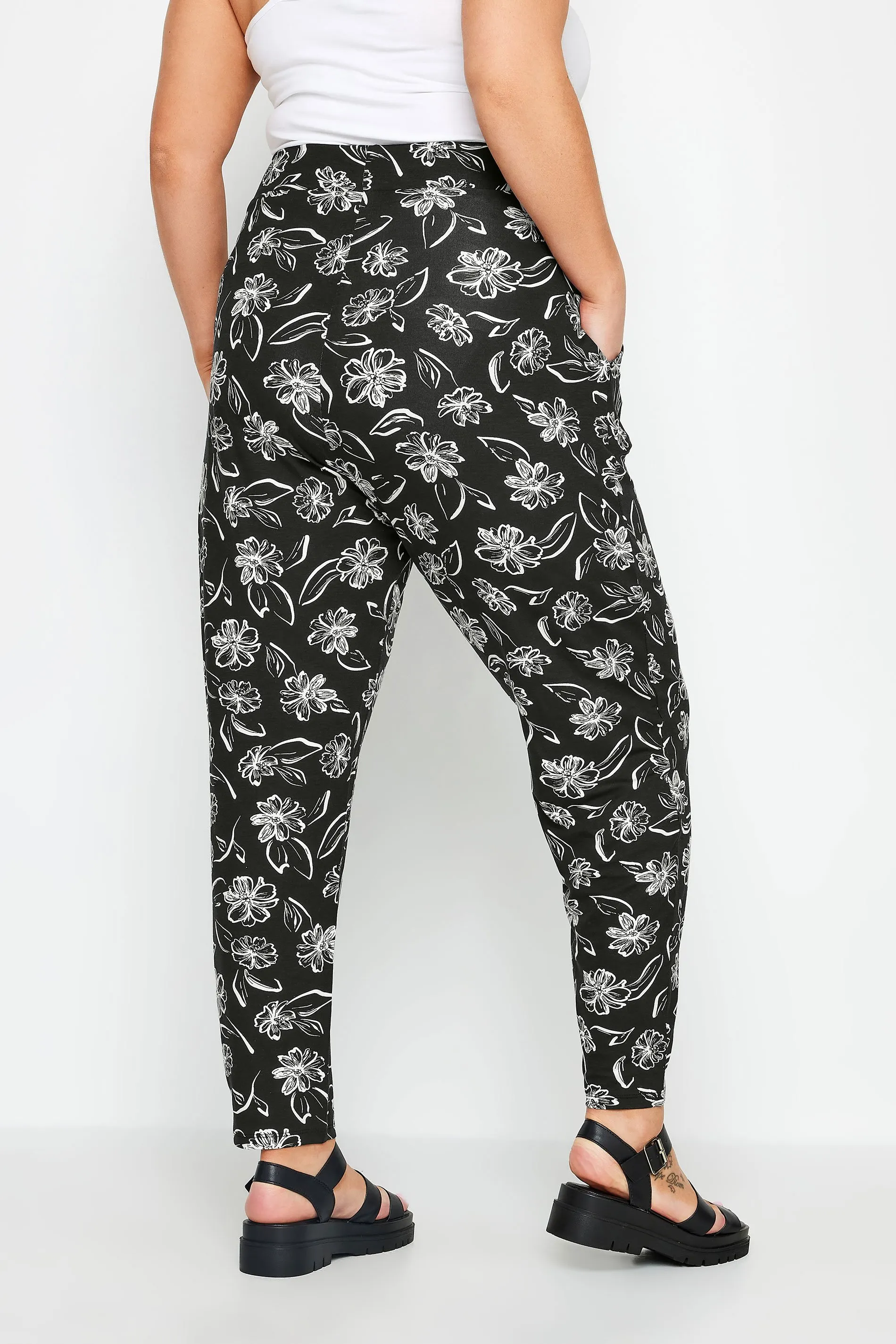 YOURS Curve Black Floral Print Double Pleat Harem Trousers