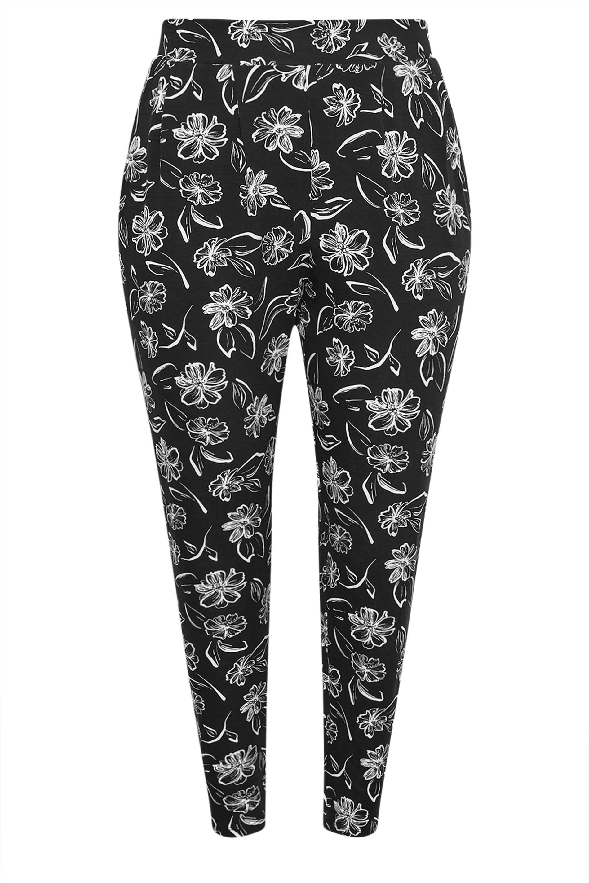 YOURS Curve Black Floral Print Double Pleat Harem Trousers