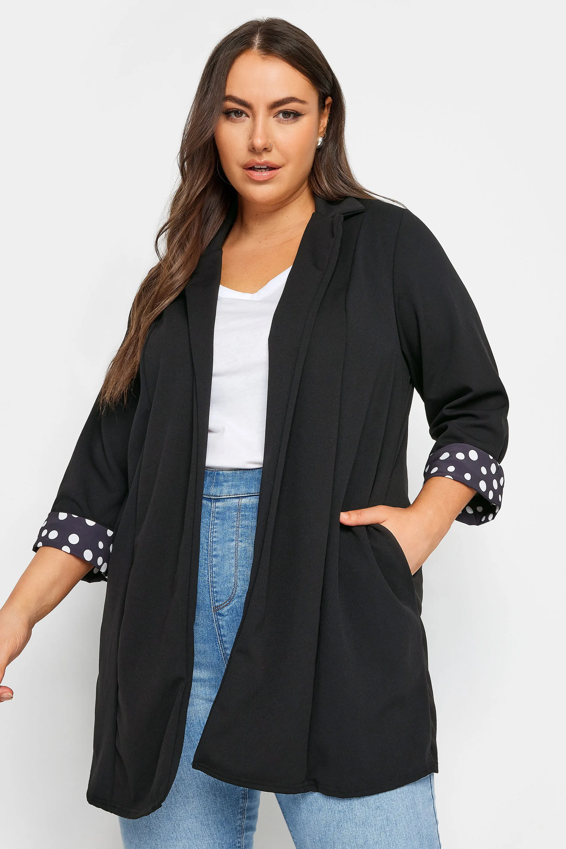 YOURS Curve Black Polka Dot Roll Back Sleeve Blazer