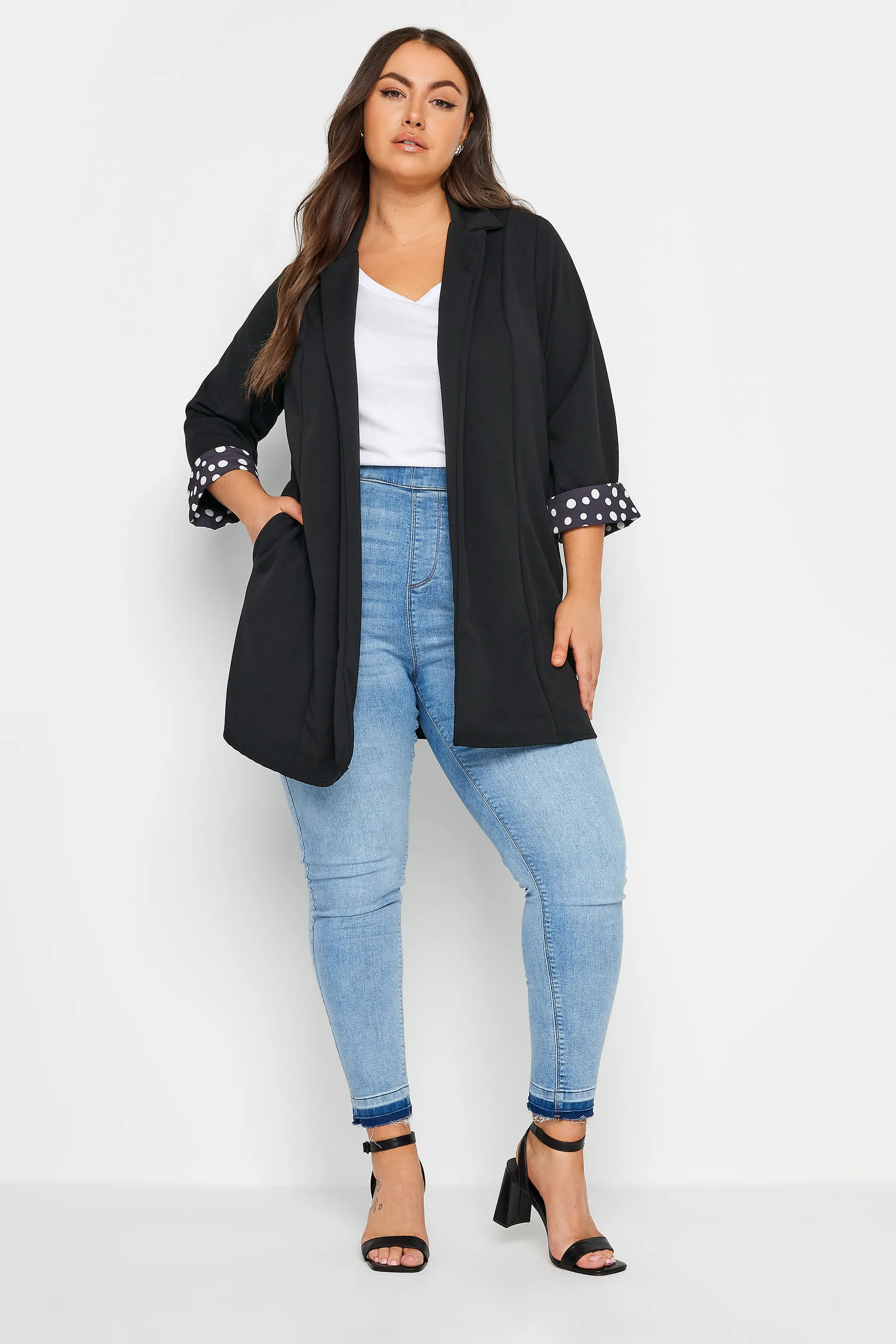 YOURS Curve Black Polka Dot Roll Back Sleeve Blazer