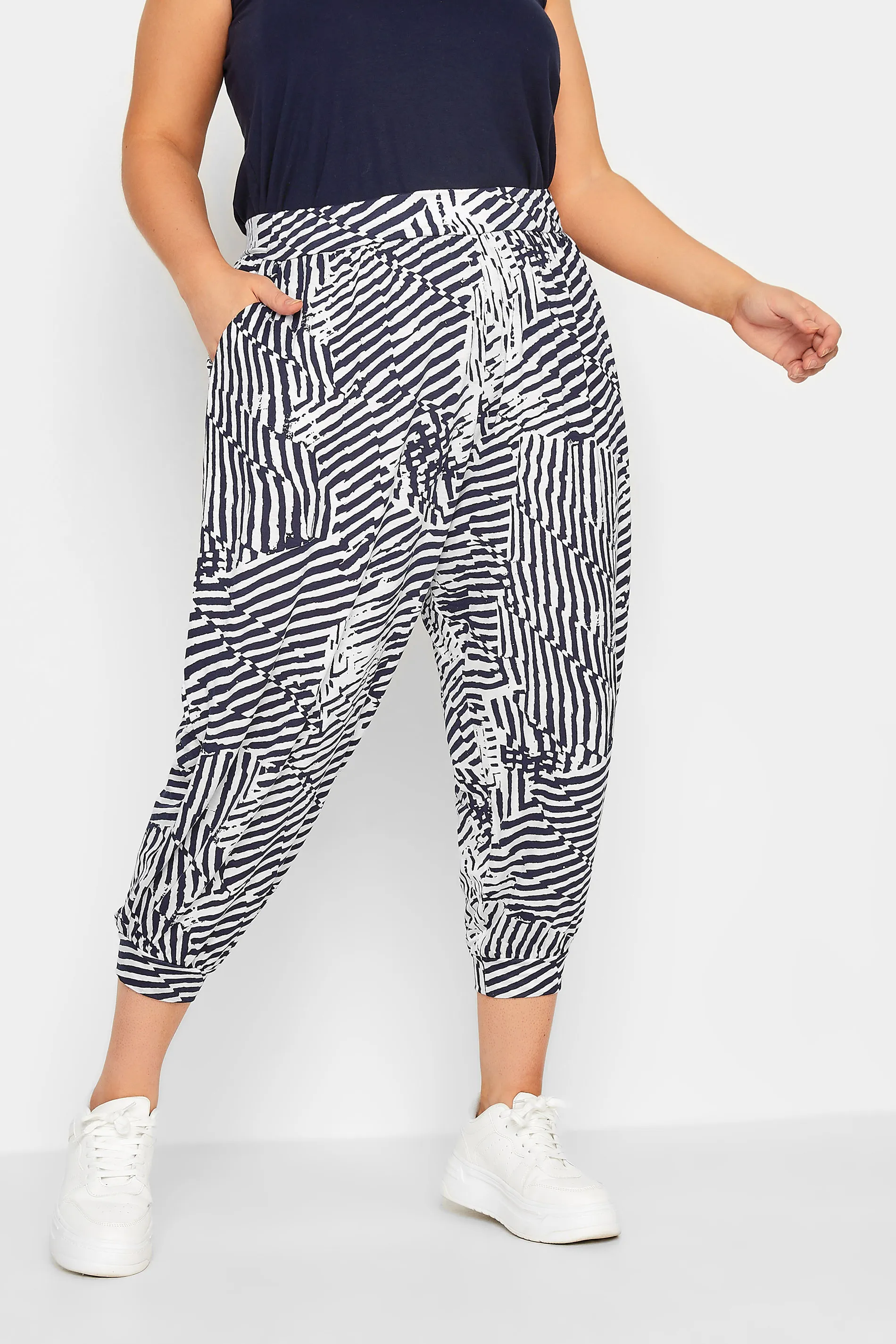 YOURS Curve Navy Blue Sketch Print Crop Harem Trousers