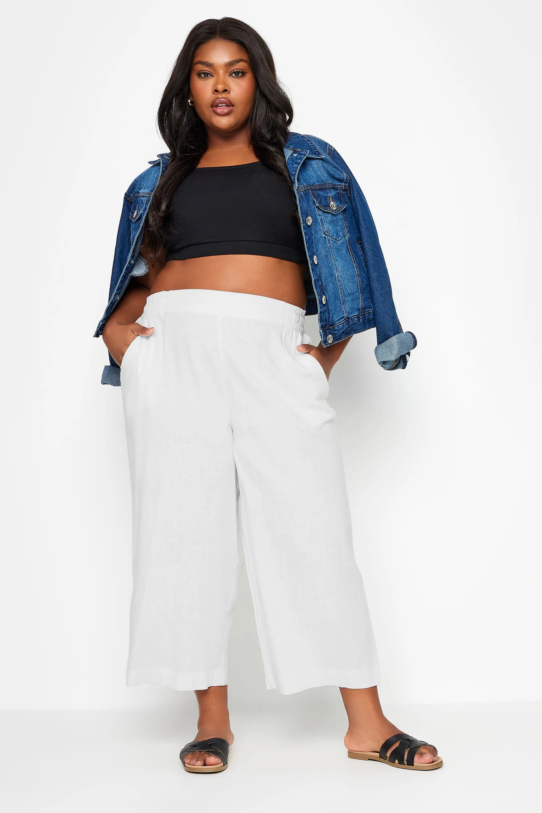 YOURS Curve White Wide Leg Cropped Linen Trousers